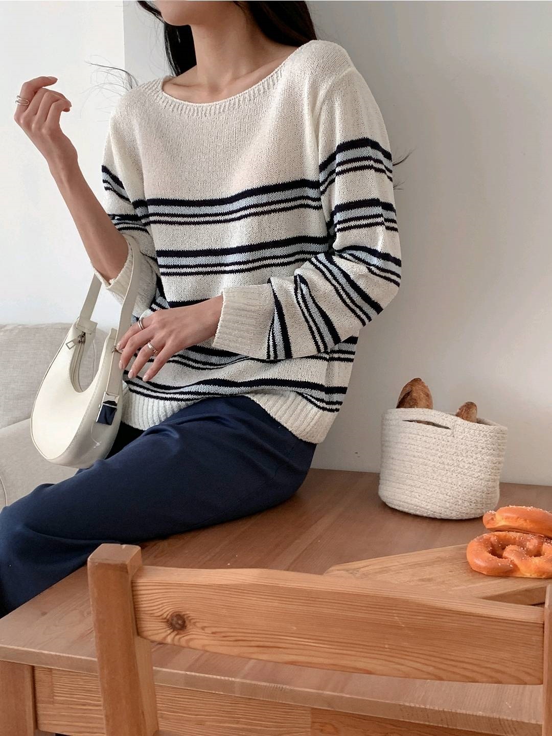 ブークレアクリルボートネックルーズ長袖ボーダーニット | 詳細画像8