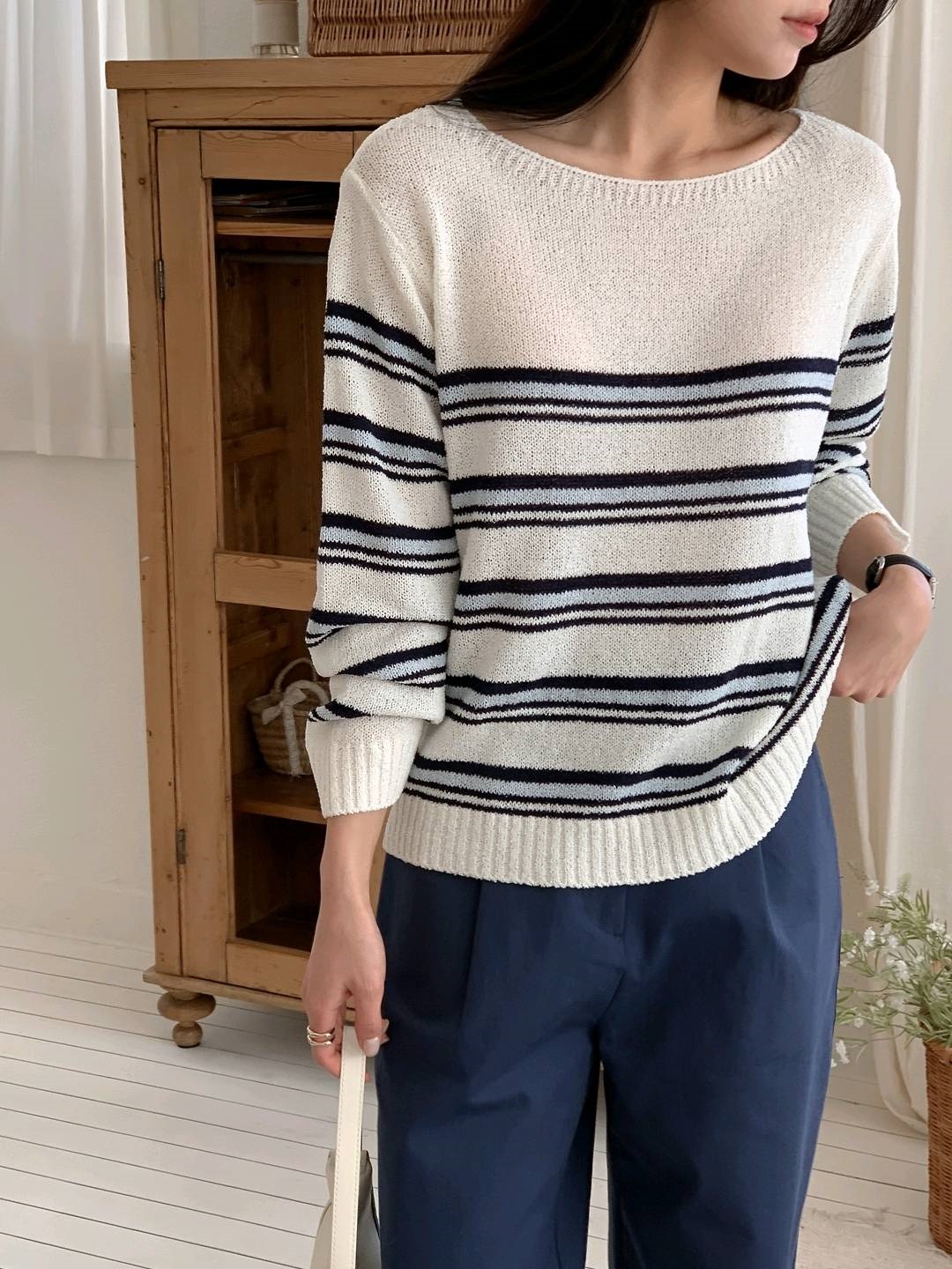 ブークレアクリルボートネックルーズ長袖ボーダーニット | 詳細画像3