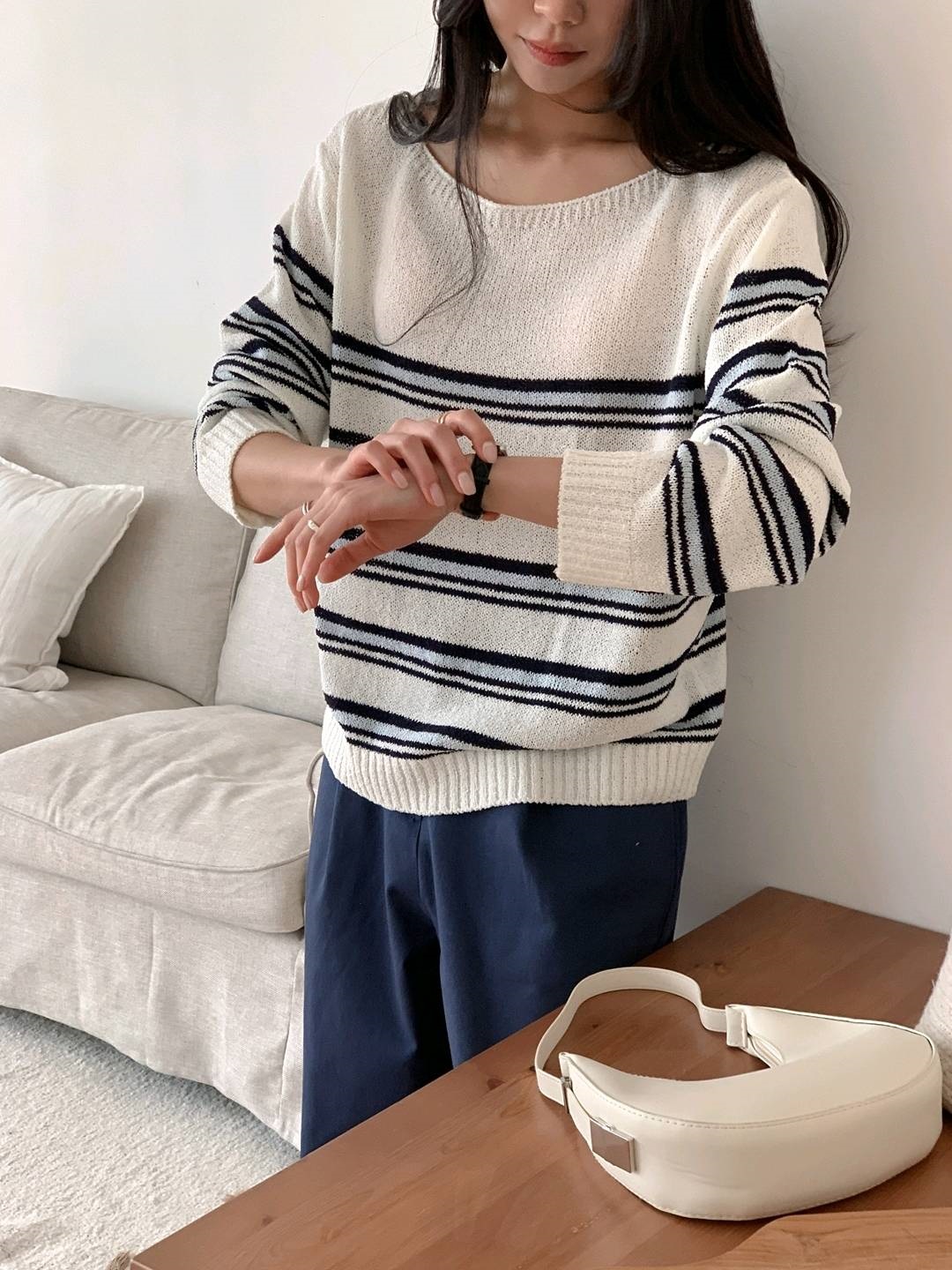 ブークレアクリルボートネックルーズ長袖ボーダーニット | 詳細画像4