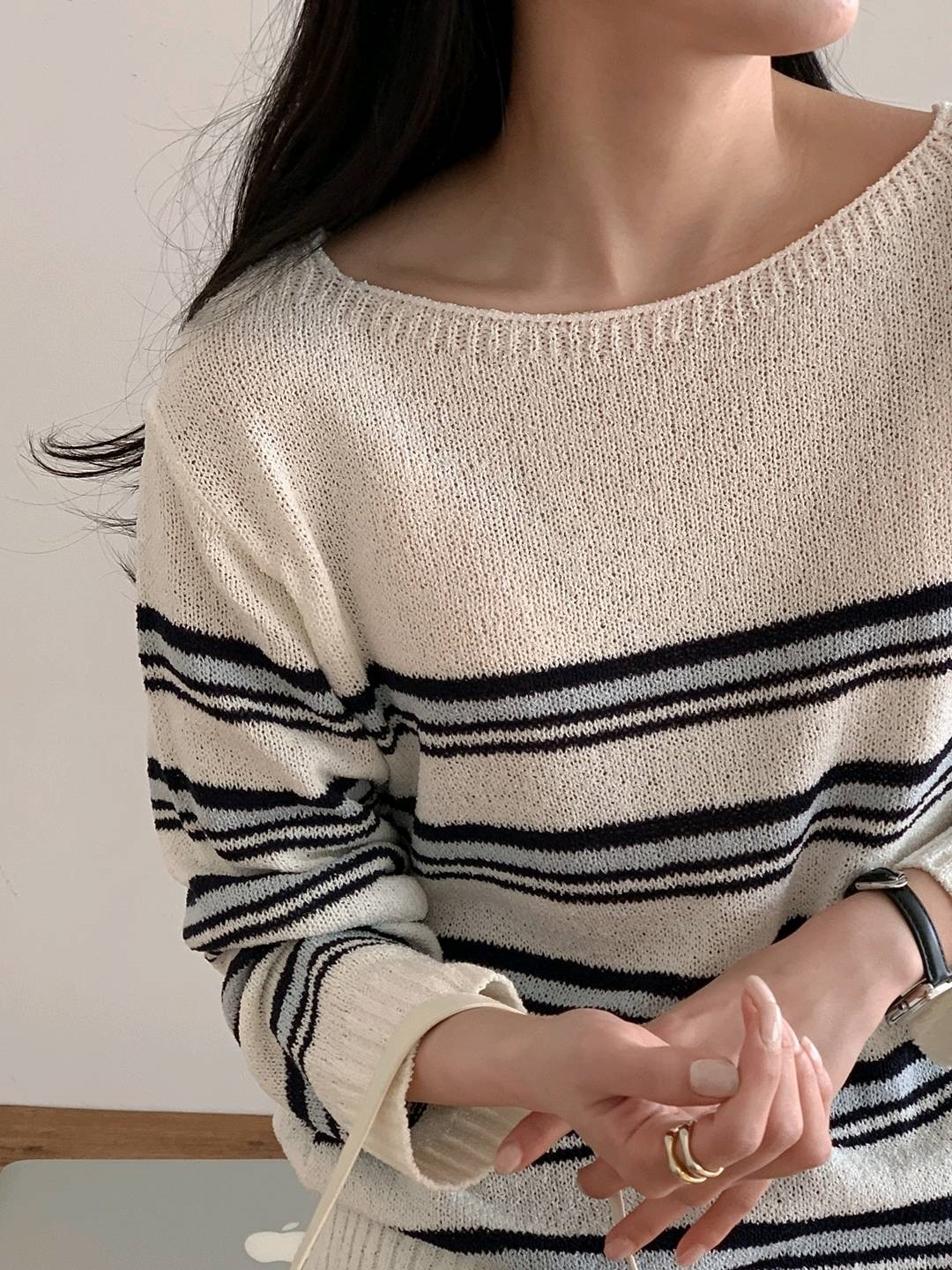 ブークレアクリルボートネックルーズ長袖ボーダーニット | 詳細画像5