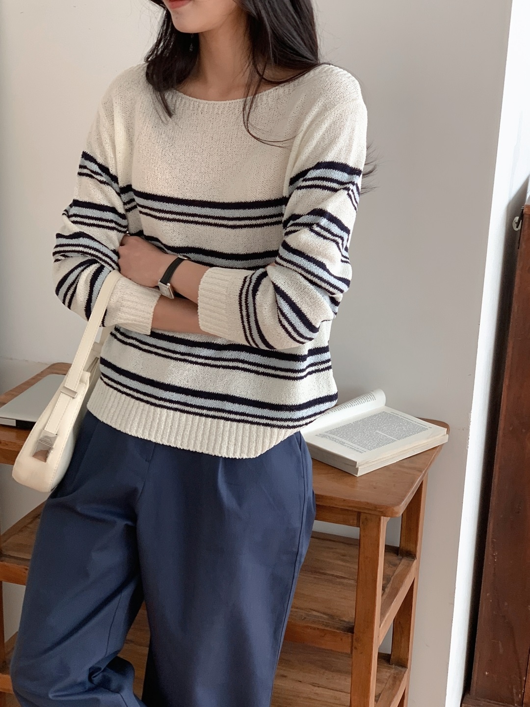 ブークレアクリルボートネックルーズ長袖ボーダーニット | 詳細画像2