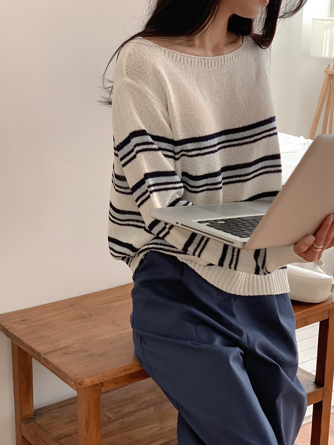 ブークレアクリルボートネックルーズ長袖ボーダーニット | 詳細画像9