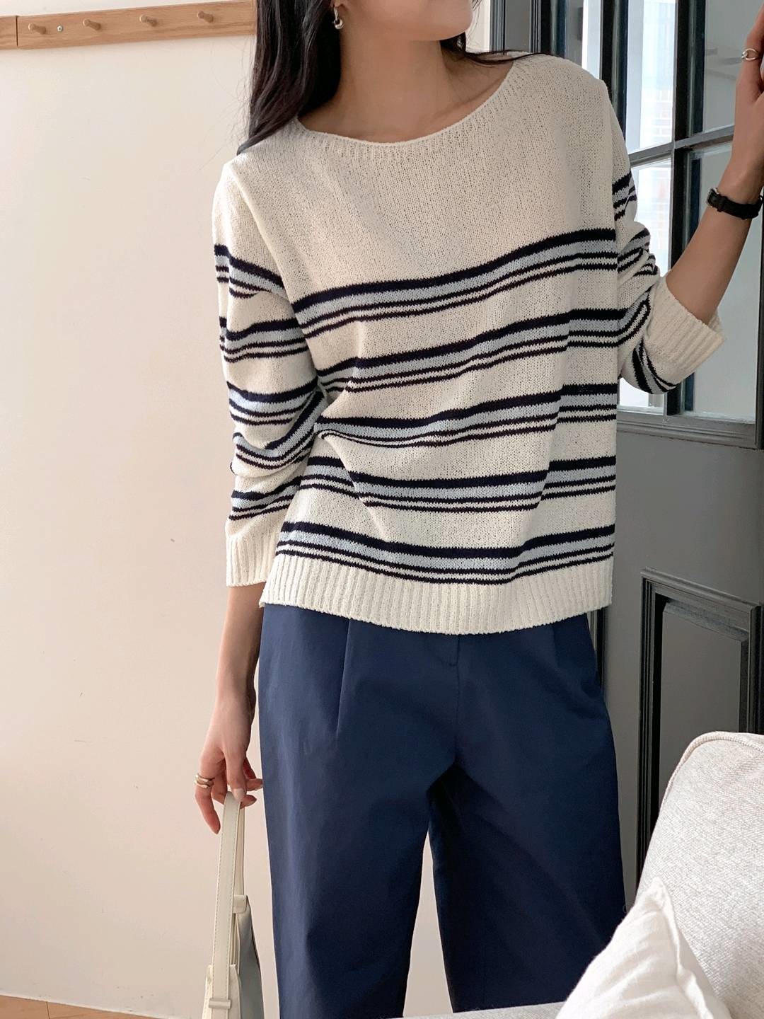 ブークレアクリルボートネックルーズ長袖ボーダーニット | 詳細画像10