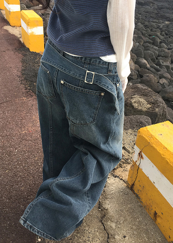 デニムコットンジップアップベルトバックルウォッシングラインリベット