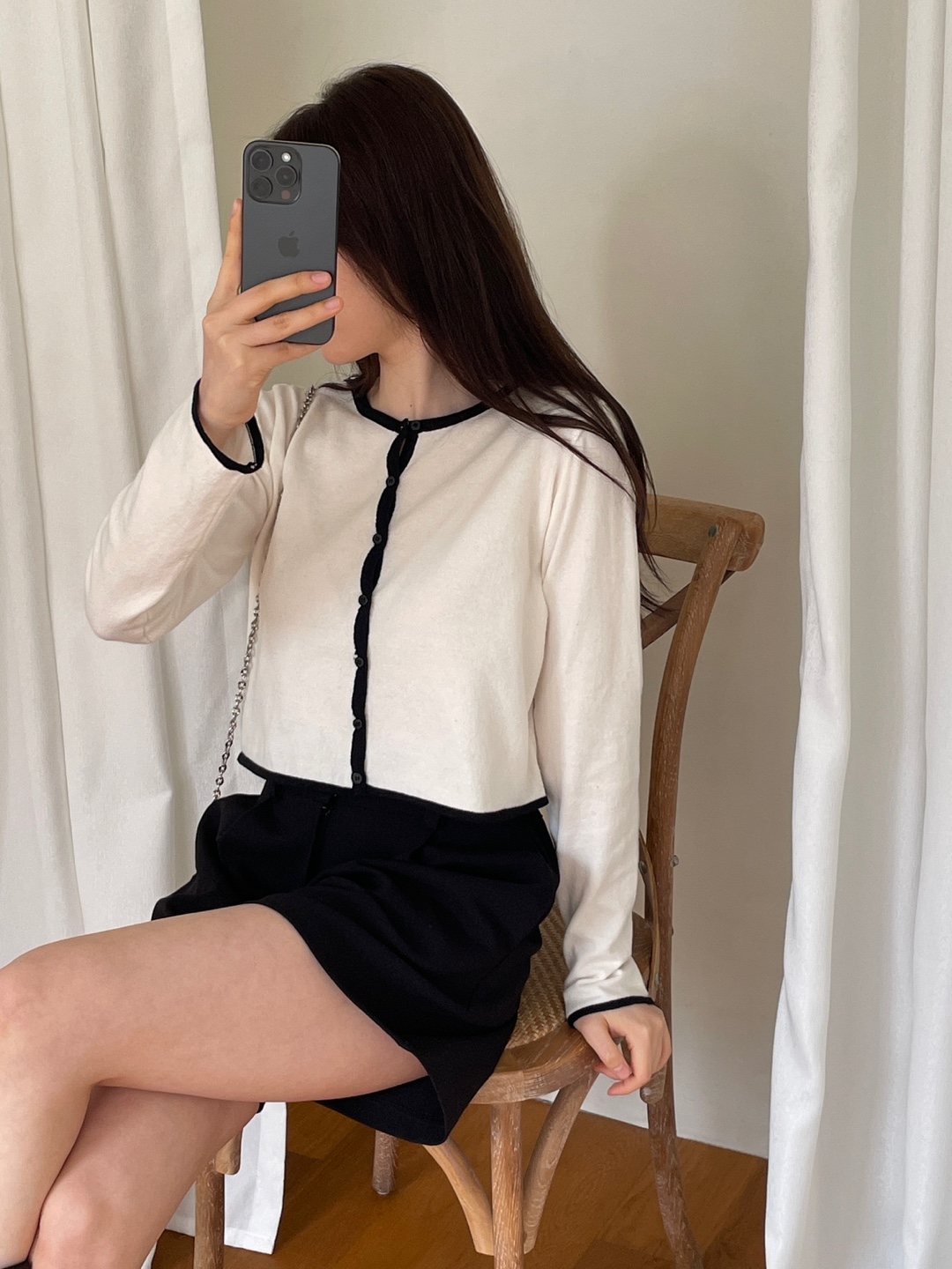 ボタンラウンドネッククロップドルーズ長袖配色ラインカーディガン | 詳細画像2