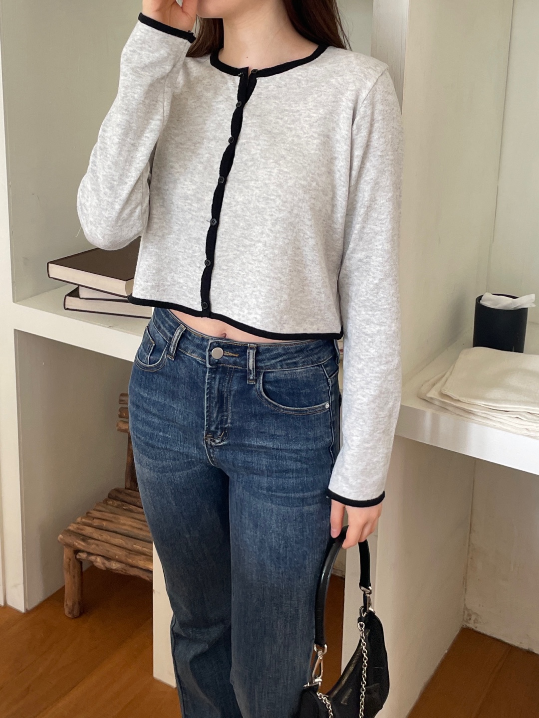 ボタンラウンドネッククロップドルーズ長袖配色ラインカーディガン | 詳細画像9