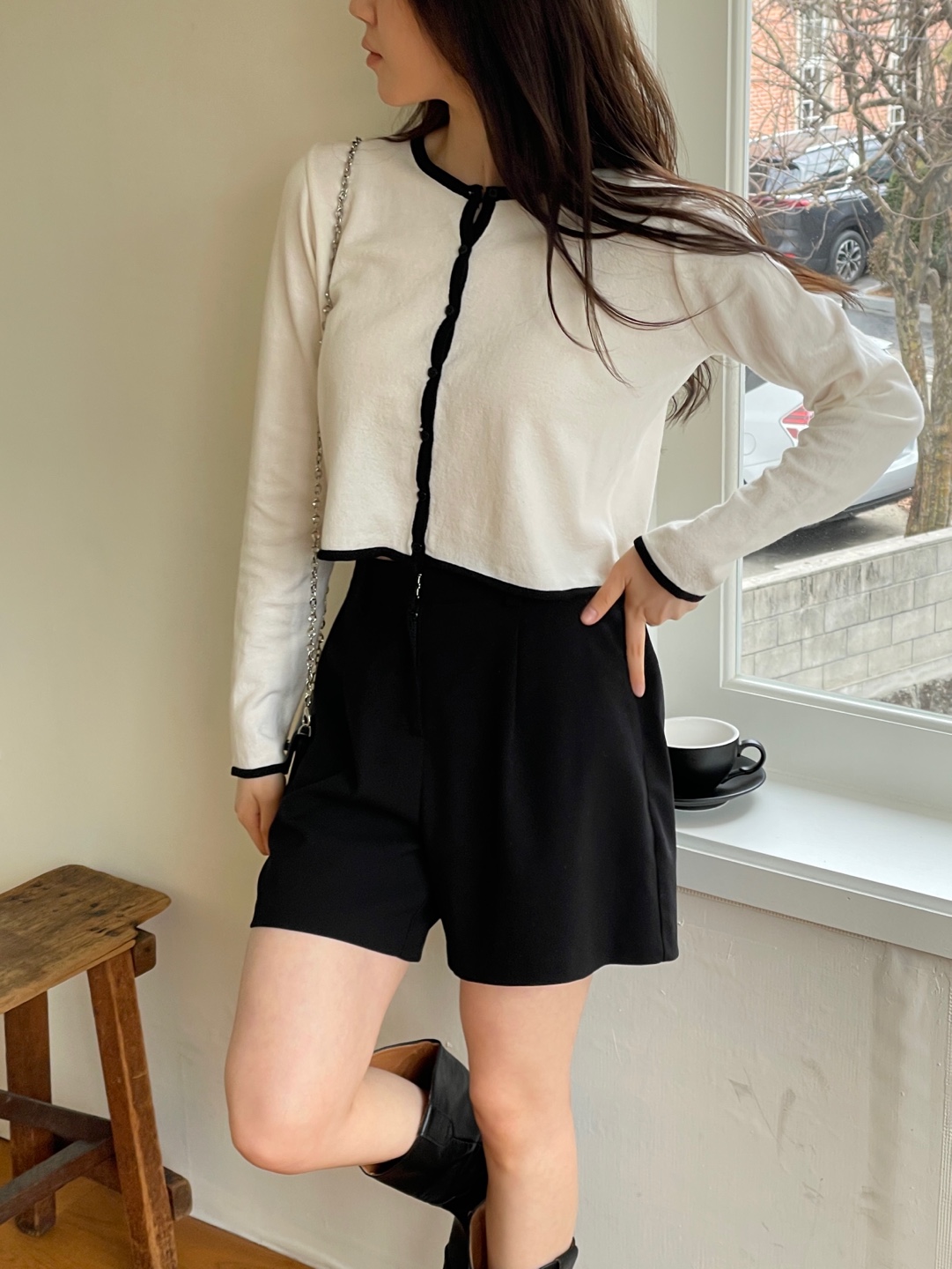 ボタンラウンドネッククロップドルーズ長袖配色ラインカーディガン | 詳細画像6