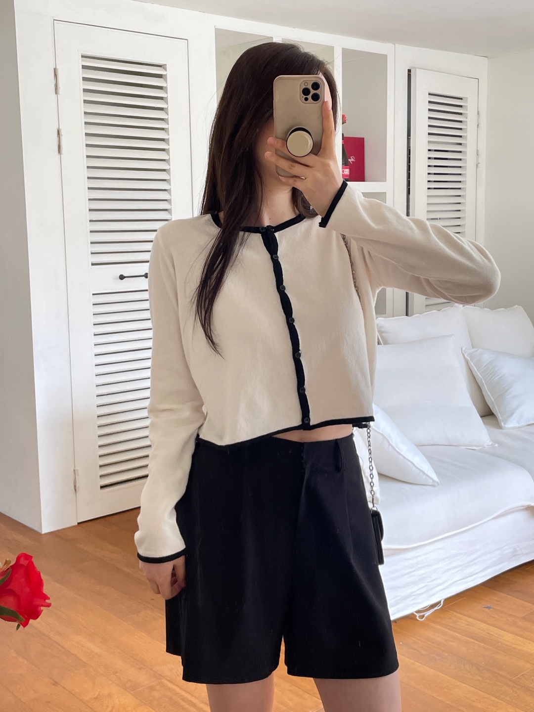 ボタンラウンドネッククロップドルーズ長袖配色ラインカーディガン | 詳細画像5