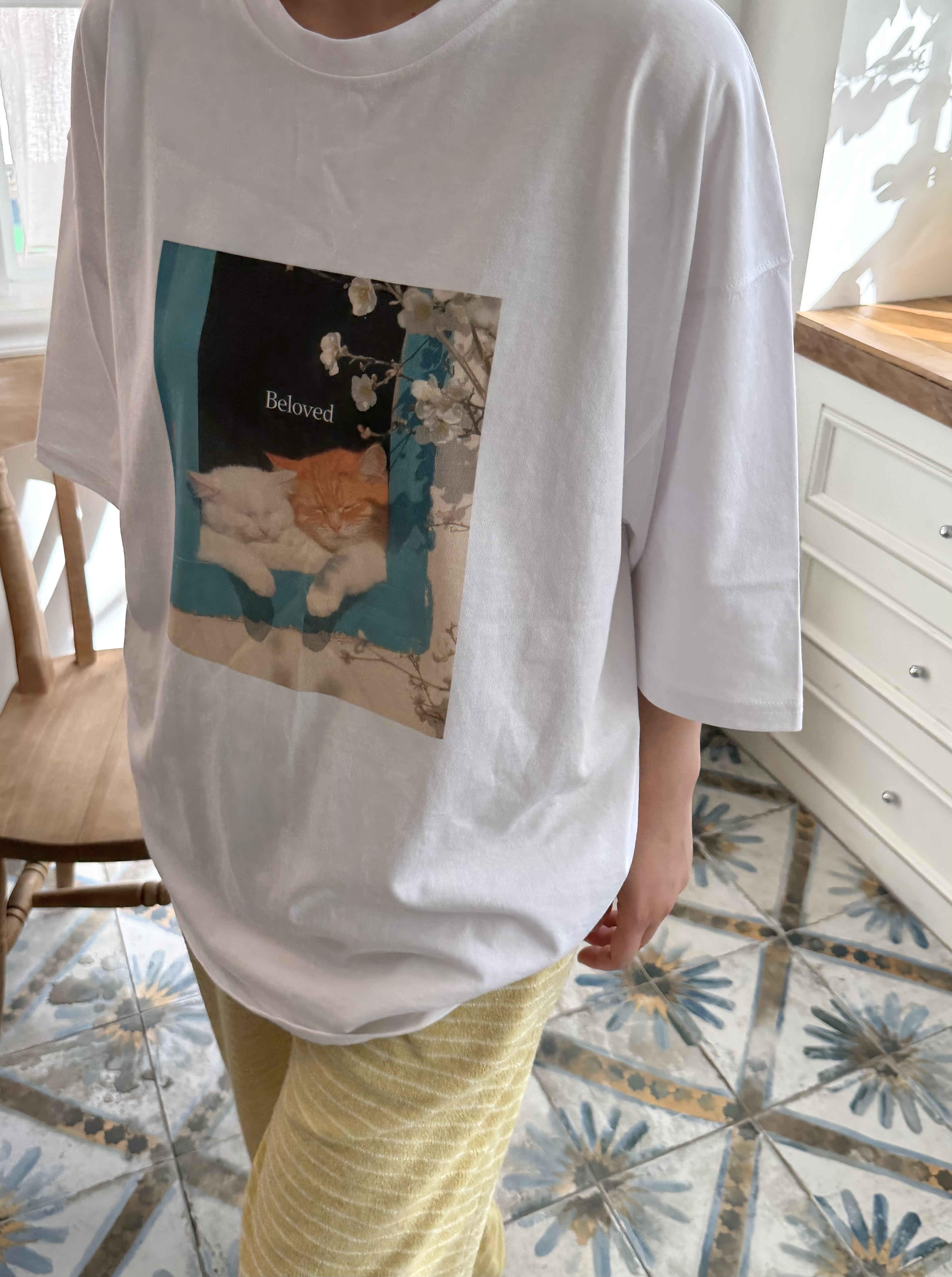 ラウンドネックオーバーサイズルーズ半袖ハーフドロップショルダープリントTシャツ | 詳細画像2