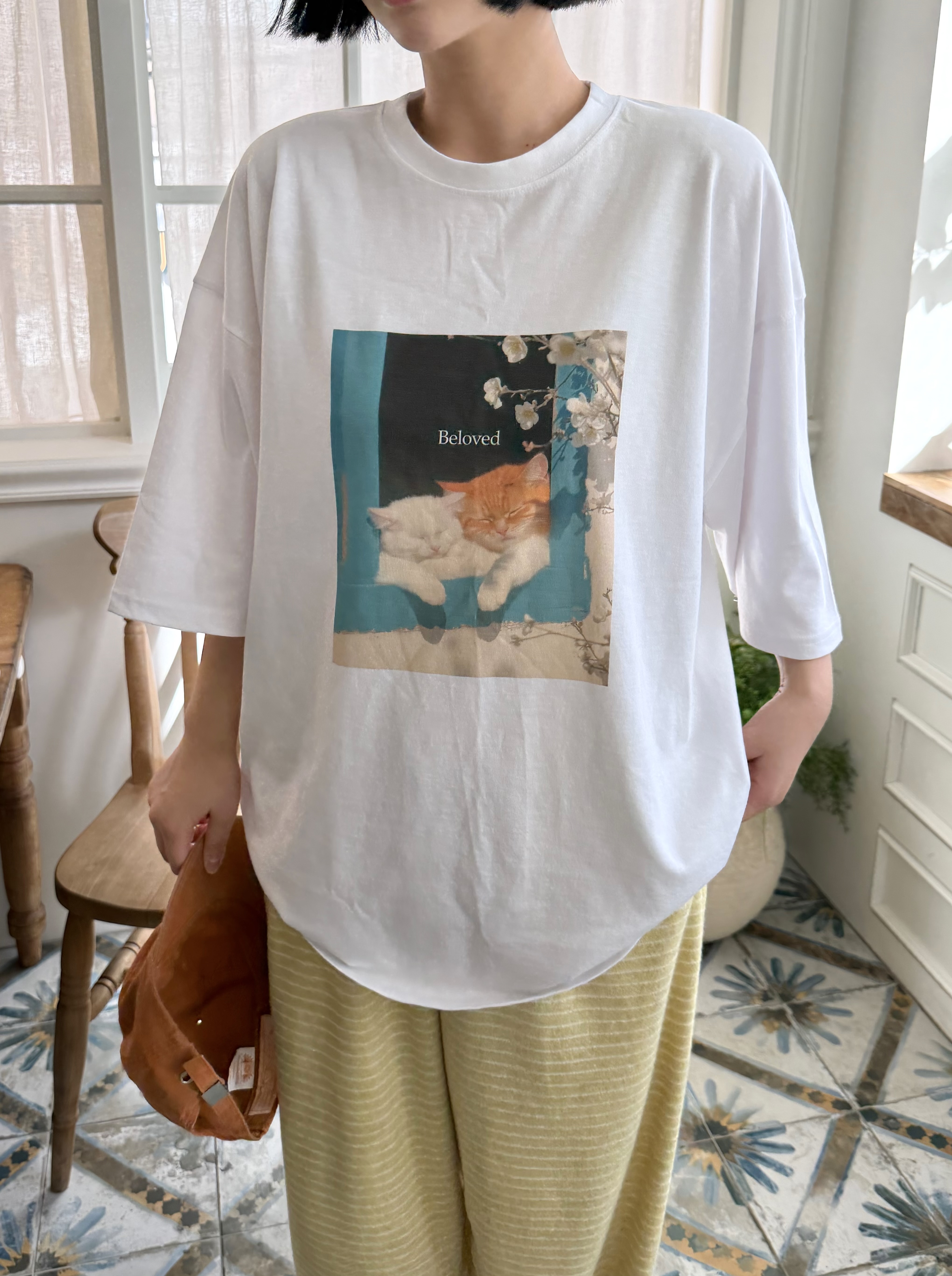 ラウンドネックオーバーサイズルーズ半袖ハーフドロップショルダープリントTシャツ | 詳細画像5