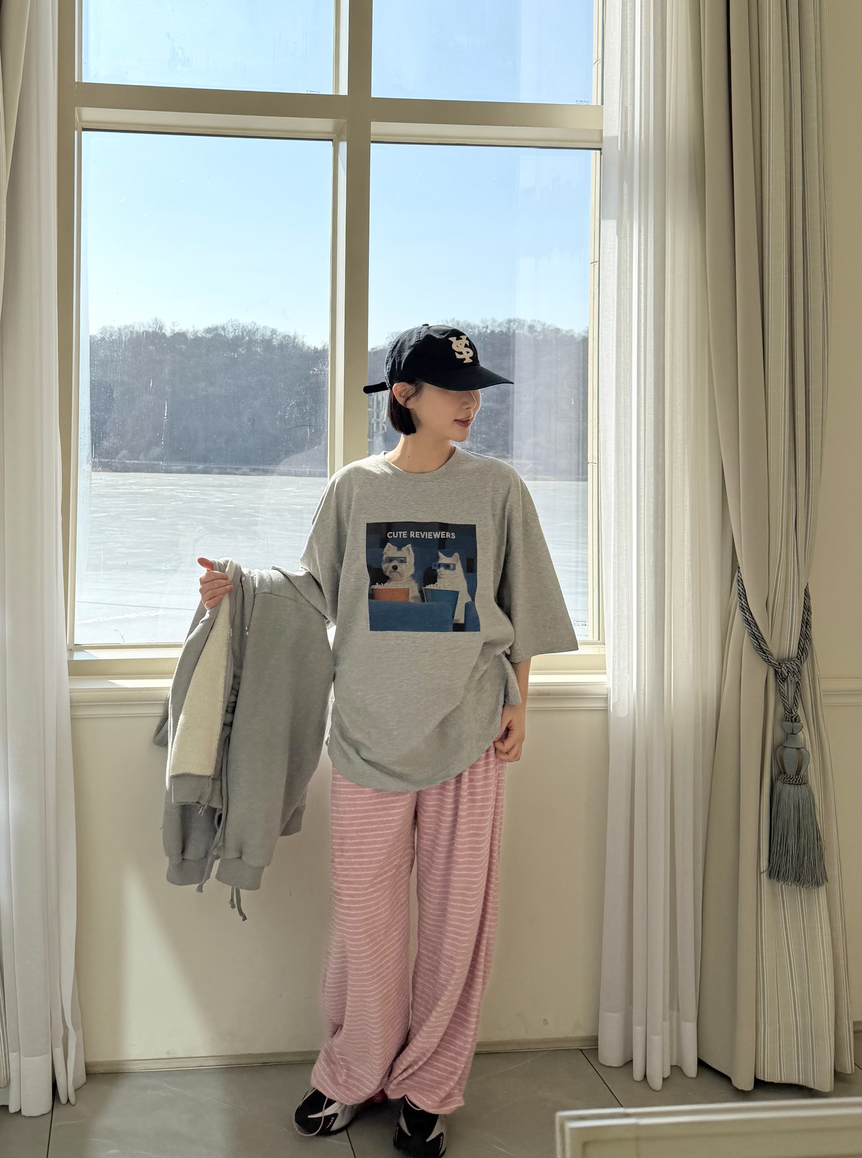 ラウンドネックオーバーサイズロングルーズ半袖ドロップショルダープリントTシャツ | 詳細画像4