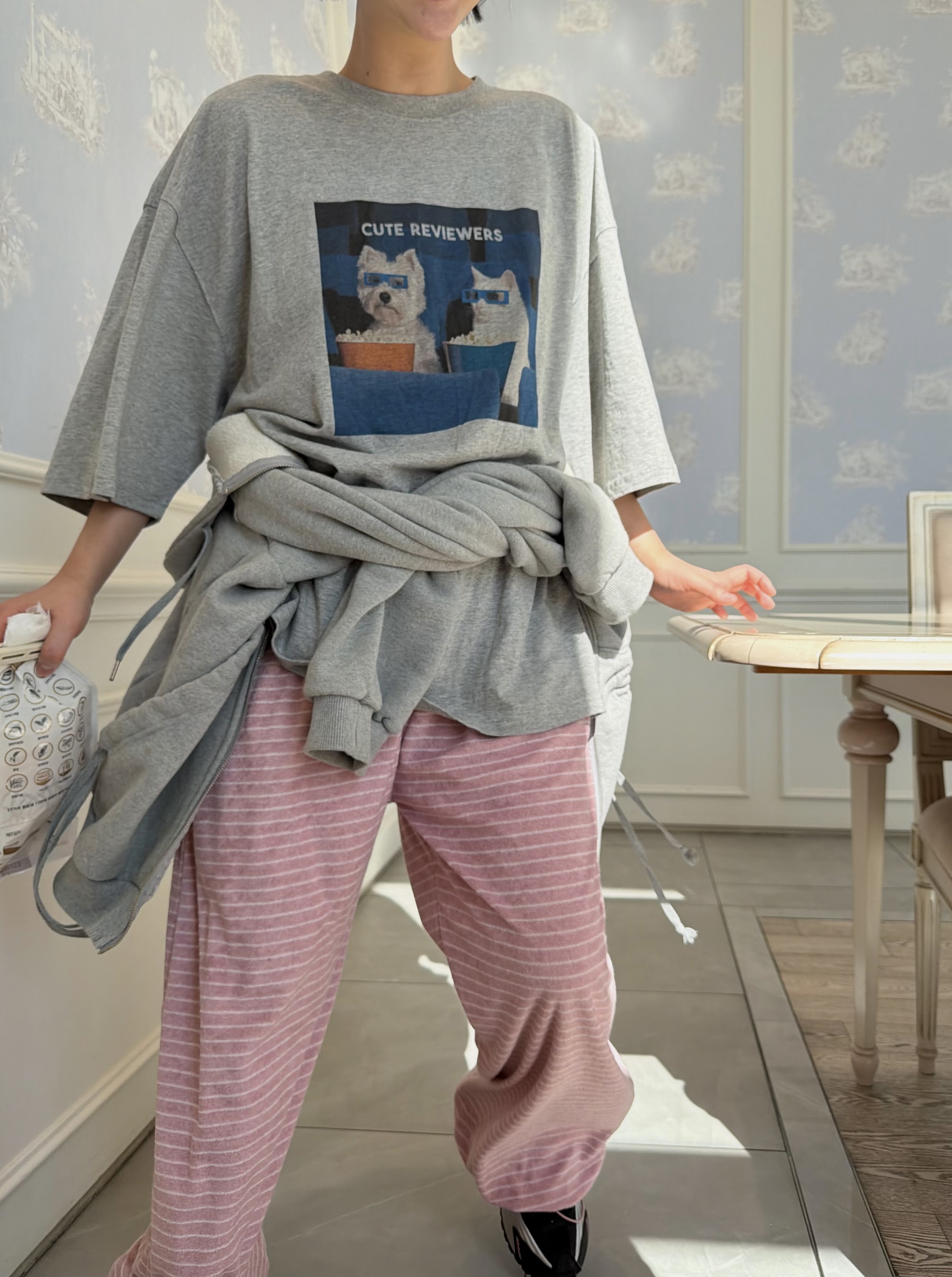 ラウンドネックオーバーサイズロングルーズ半袖ドロップショルダープリントTシャツ | 詳細画像5