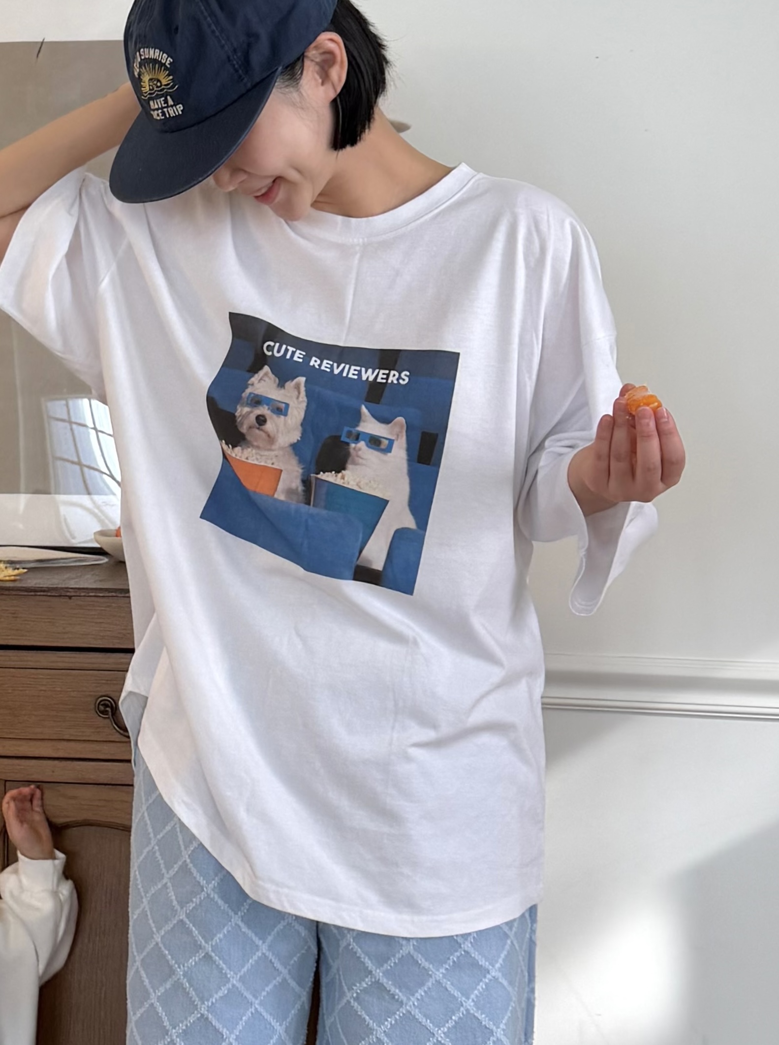 ラウンドネックオーバーサイズロングルーズ半袖ドロップショルダープリントTシャツ | 詳細画像6