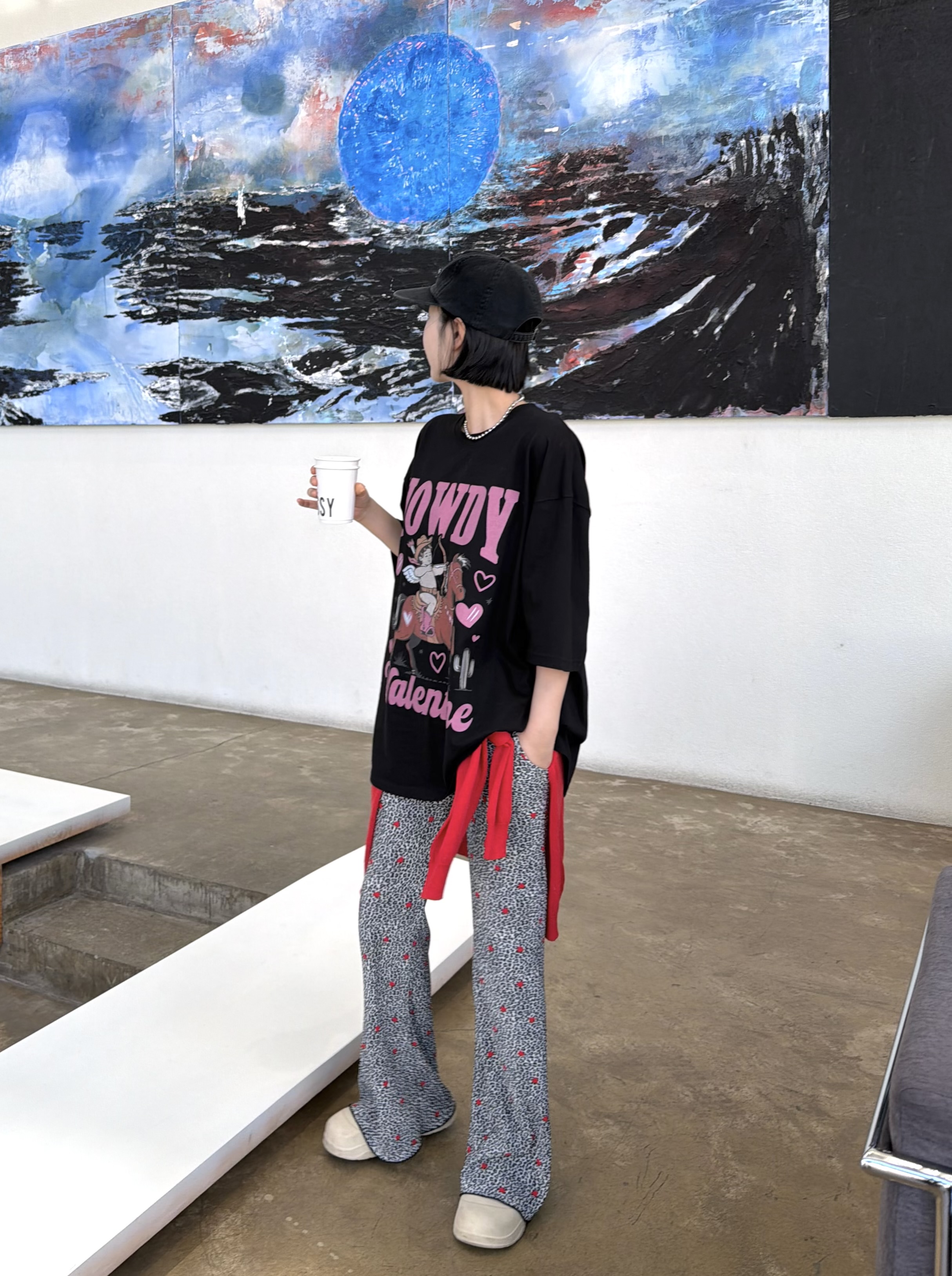 ラウンドネックオーバーサイズルーズ半袖ドロップショルダープリントTシャツ | 詳細画像3