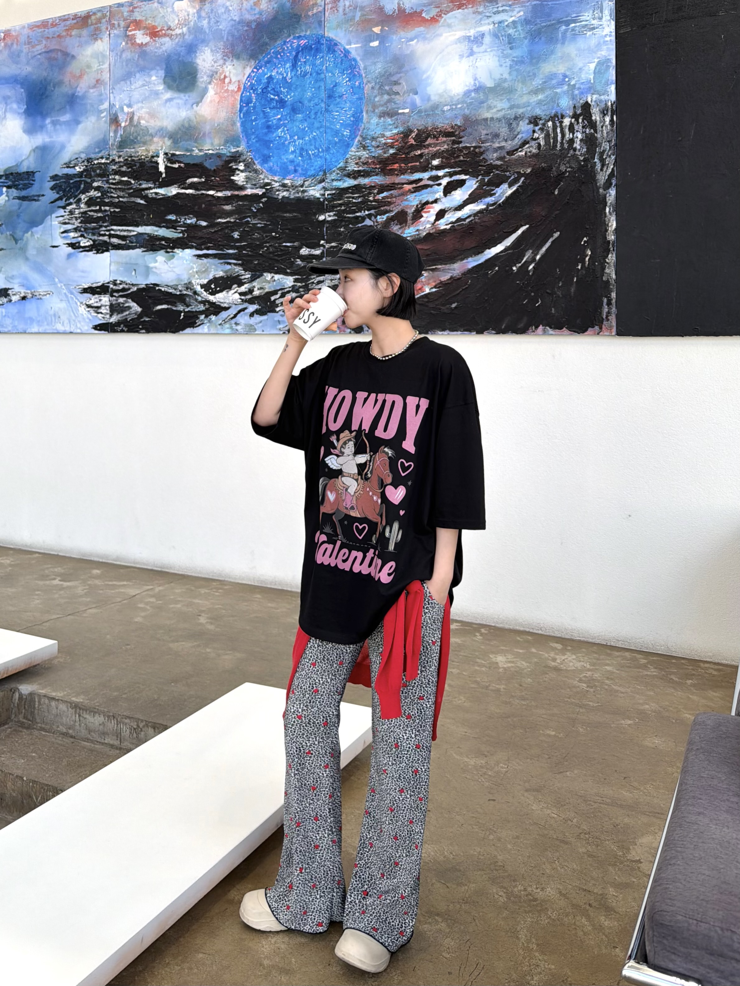 ラウンドネックオーバーサイズルーズ半袖ドロップショルダープリントTシャツ | 詳細画像4