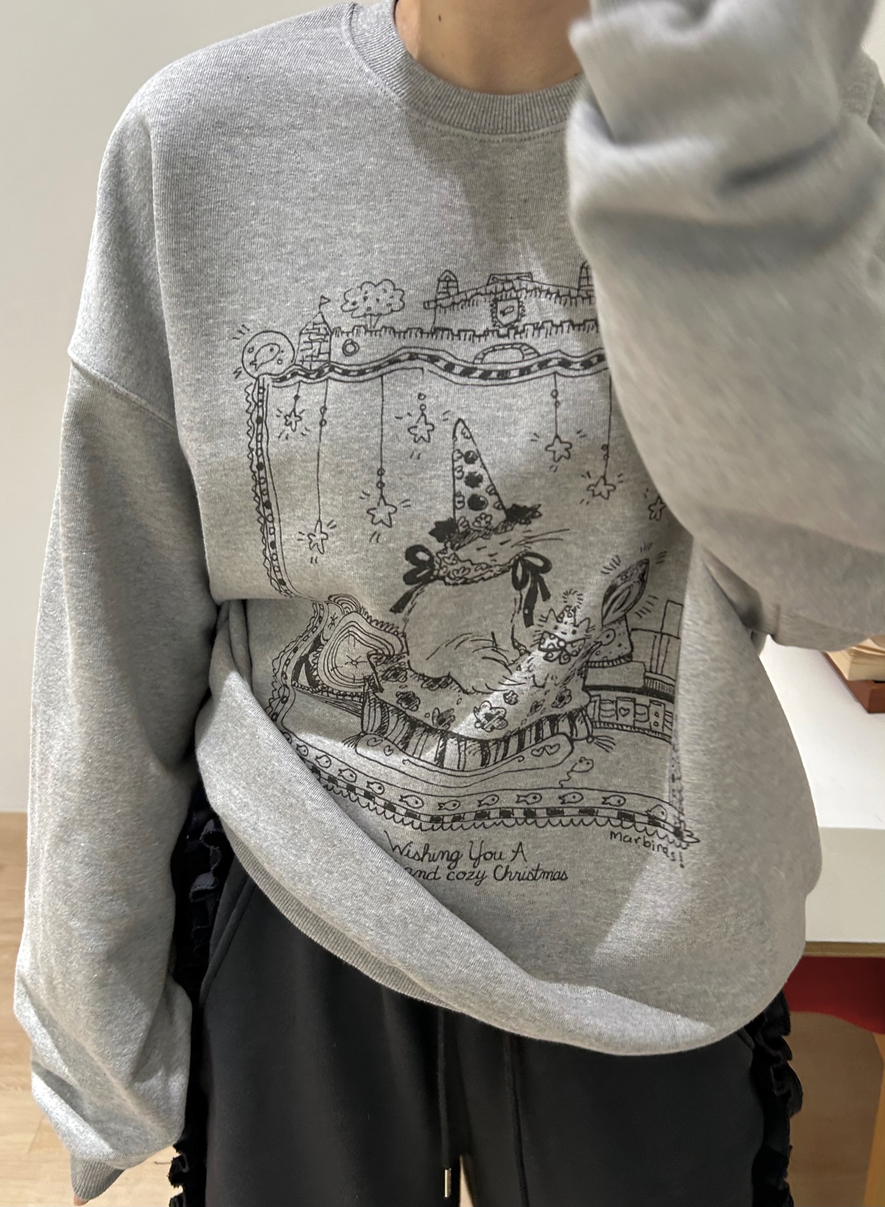 ラウンドネックオーバーサイズルーズ長袖ハーフドロップショルダープリントスウェット | 詳細画像7