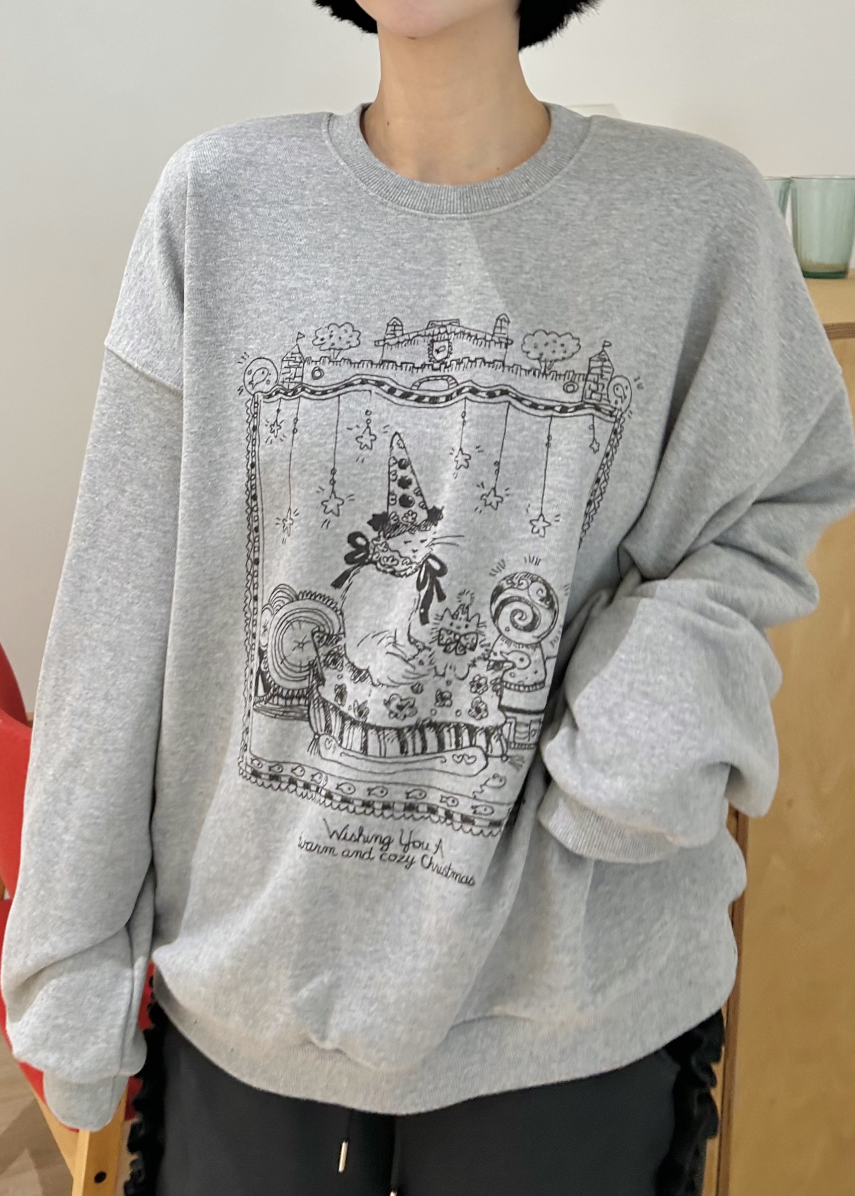 ラウンドネックオーバーサイズルーズ長袖ハーフドロップショルダープリントスウェット | 詳細画像8