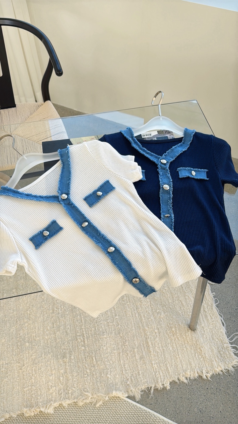 ストレッチデニムスリム半袖フェイクボタンセミクロップド配色Tシャツ | 詳細画像7