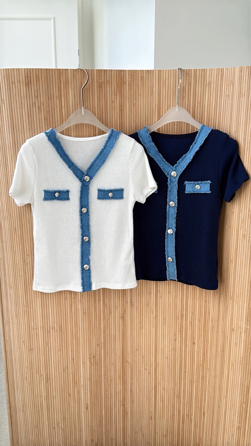 ストレッチデニムスリム半袖フェイクボタンセミクロップド配色Tシャツ | 詳細画像8