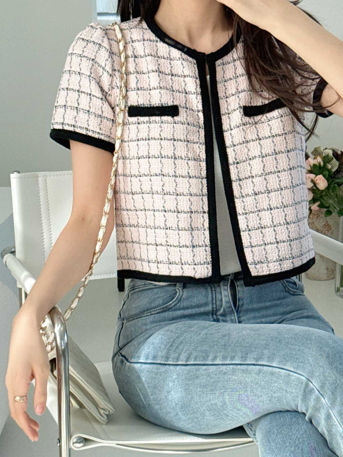 パフスリーブ半袖ホックフェイクポケット配色チェックラインカーディガン | 詳細画像4