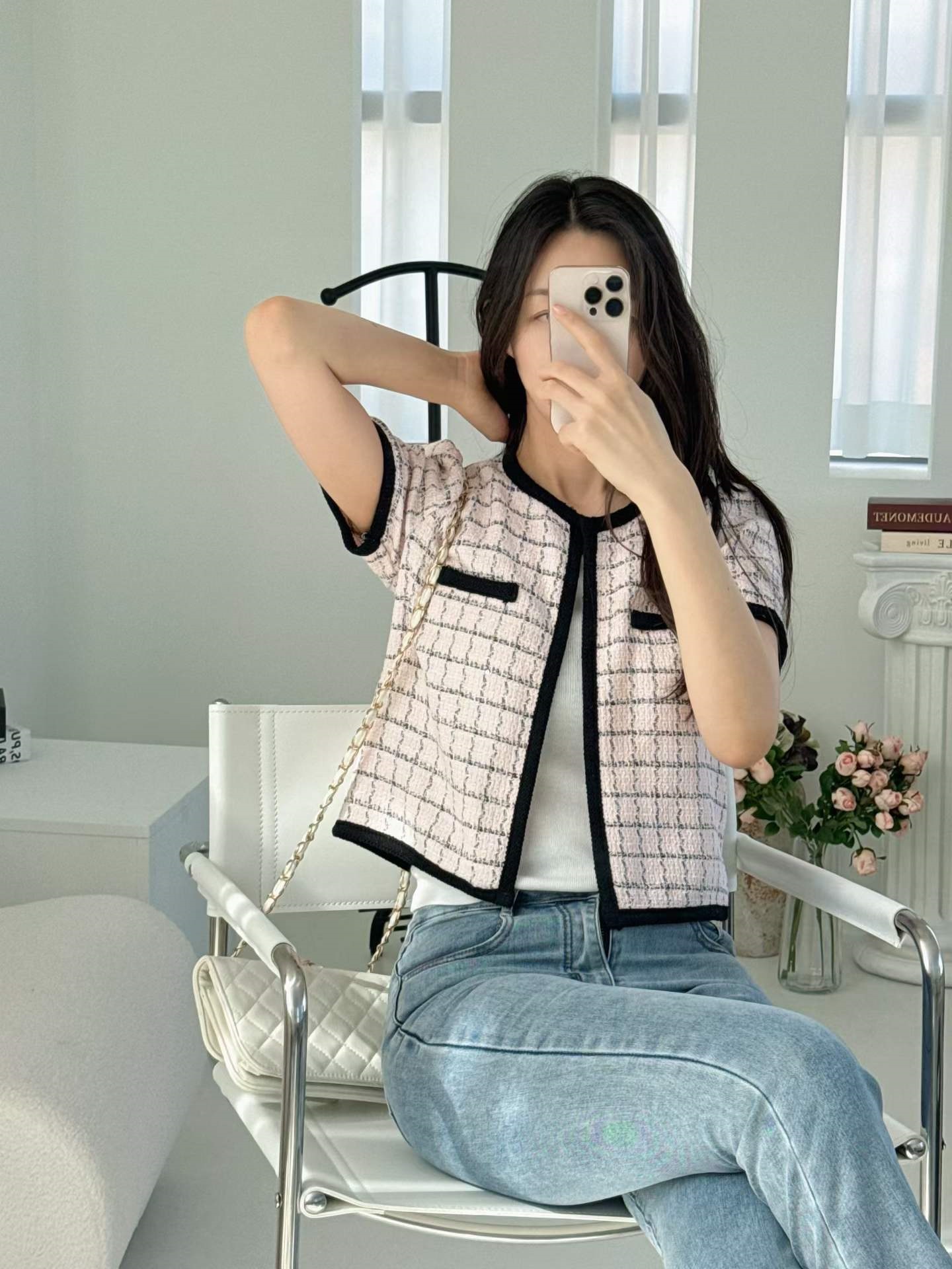 パフスリーブ半袖ホックフェイクポケット配色チェックラインカーディガン | 詳細画像5