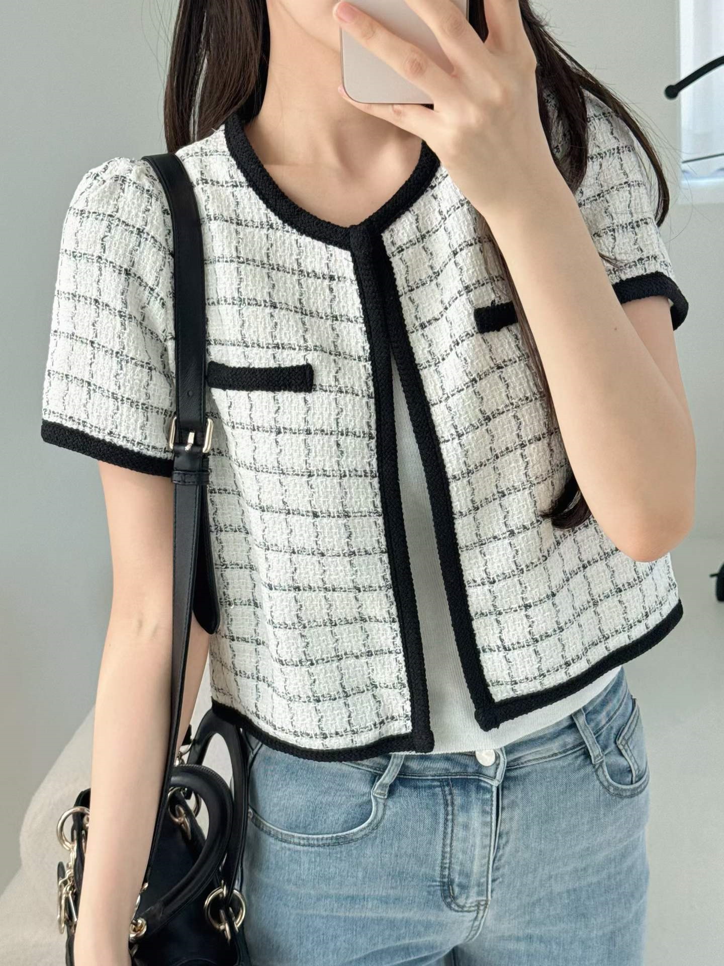 パフスリーブ半袖ホックフェイクポケット配色チェックラインカーディガン | 詳細画像2