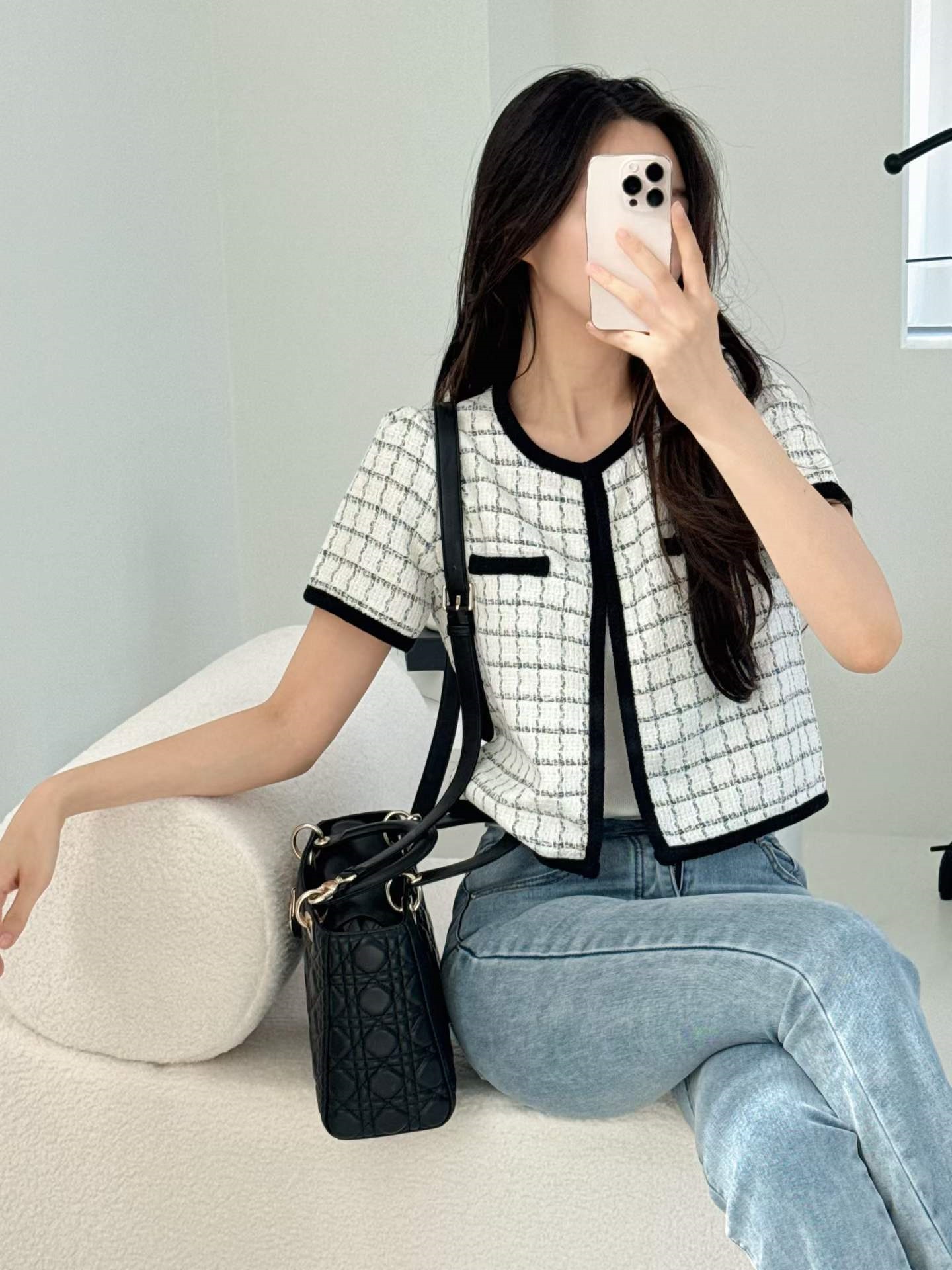 パフスリーブ半袖ホックフェイクポケット配色チェックラインカーディガン | 詳細画像3