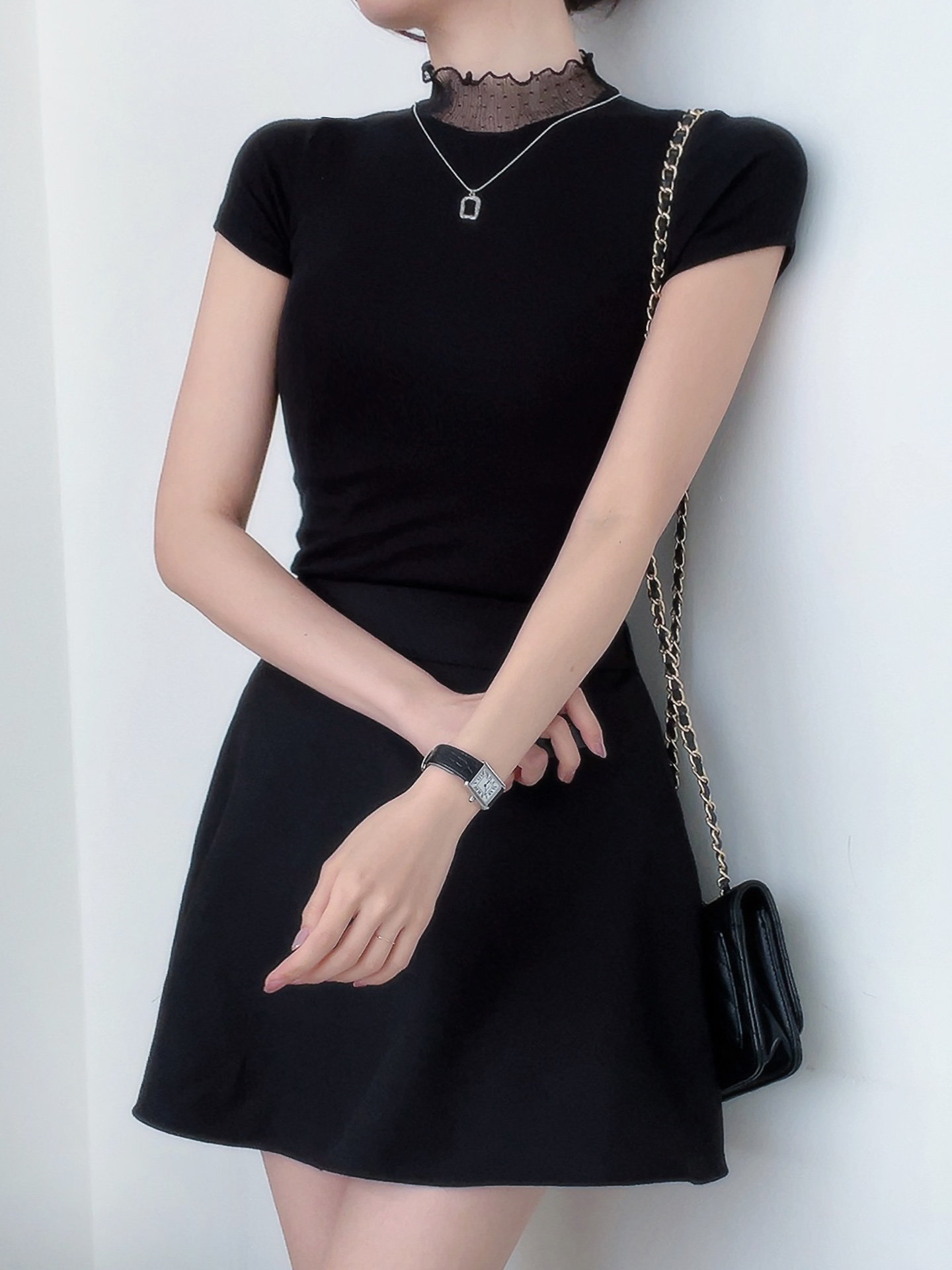 リブレースコンビキャップスリーブスリム半袖フリル ネック無地Tシャツ | 詳細画像2