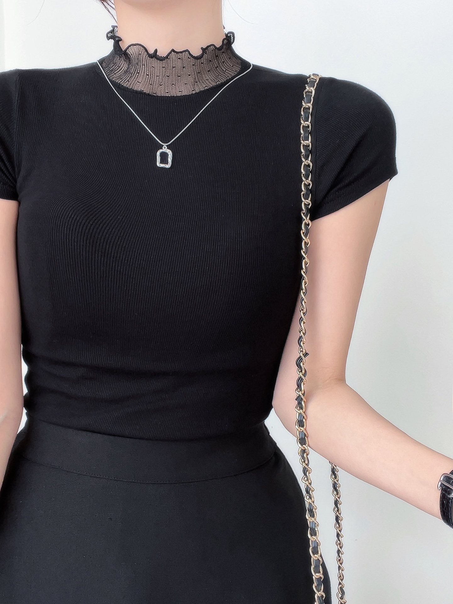 リブレースコンビキャップスリーブスリム半袖フリル ネック無地Tシャツ | 詳細画像5