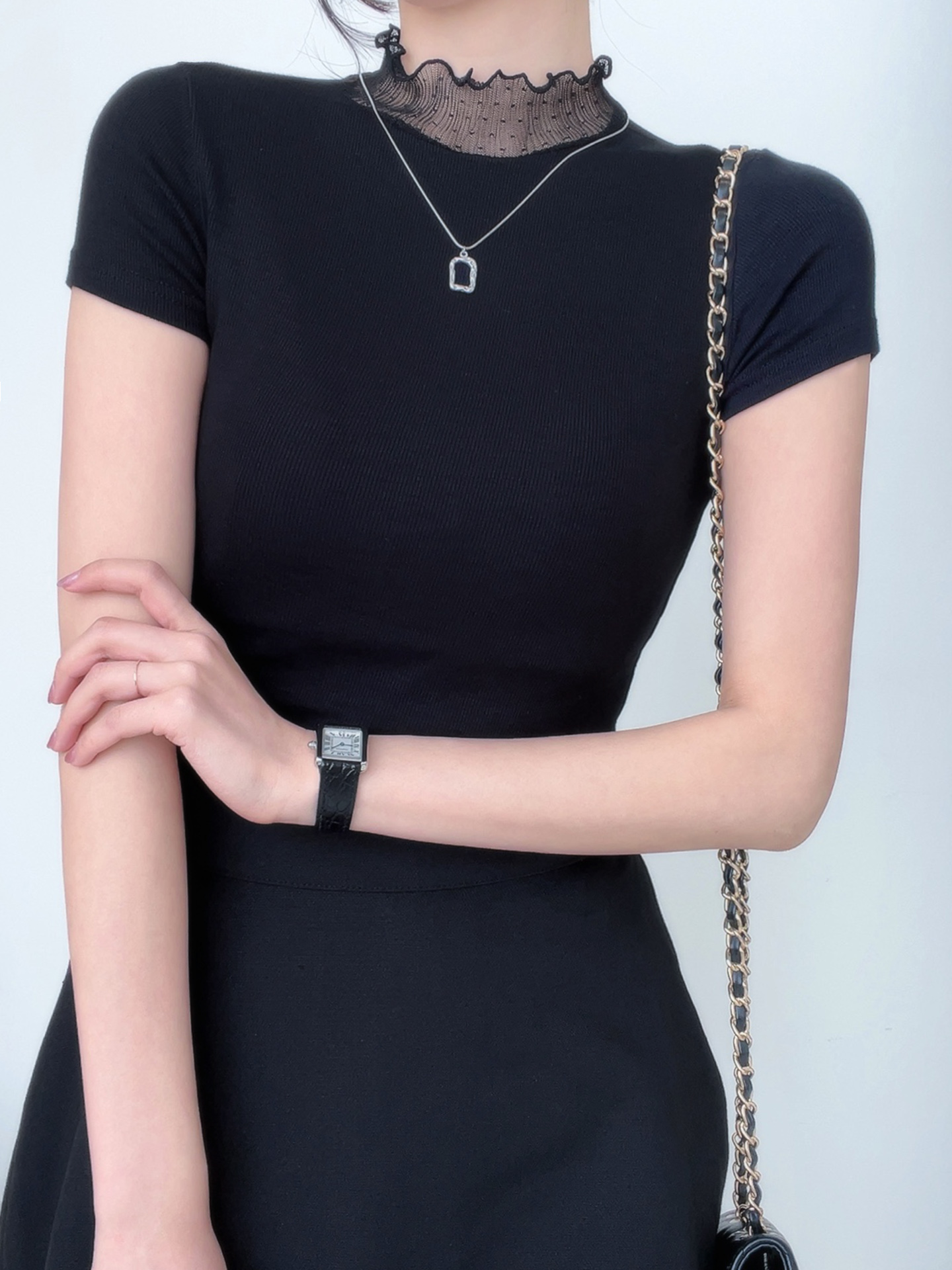 リブレースコンビキャップスリーブスリム半袖フリル ネック無地Tシャツ | 詳細画像6