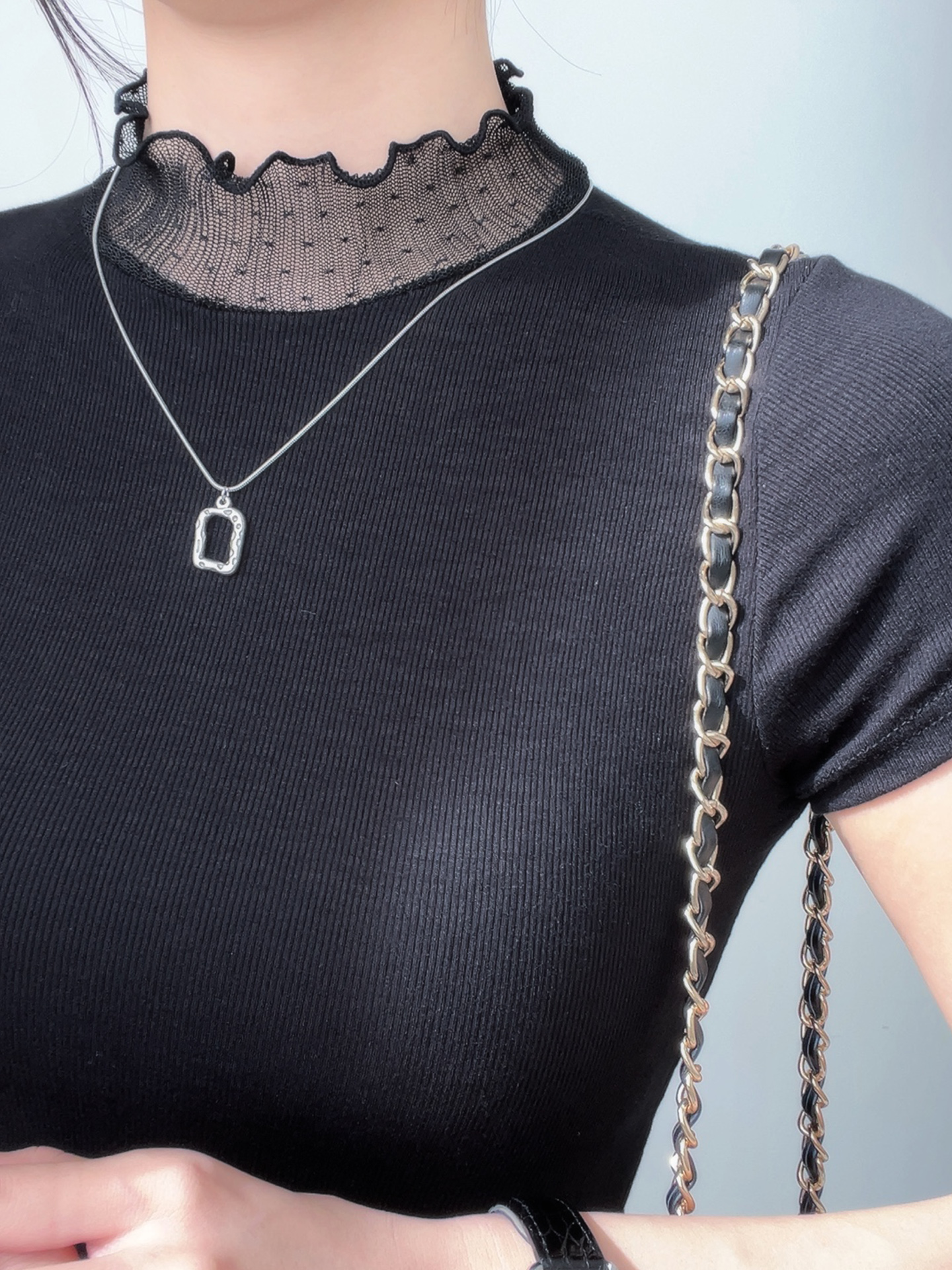 リブレースコンビキャップスリーブスリム半袖フリル ネック無地Tシャツ | 詳細画像7