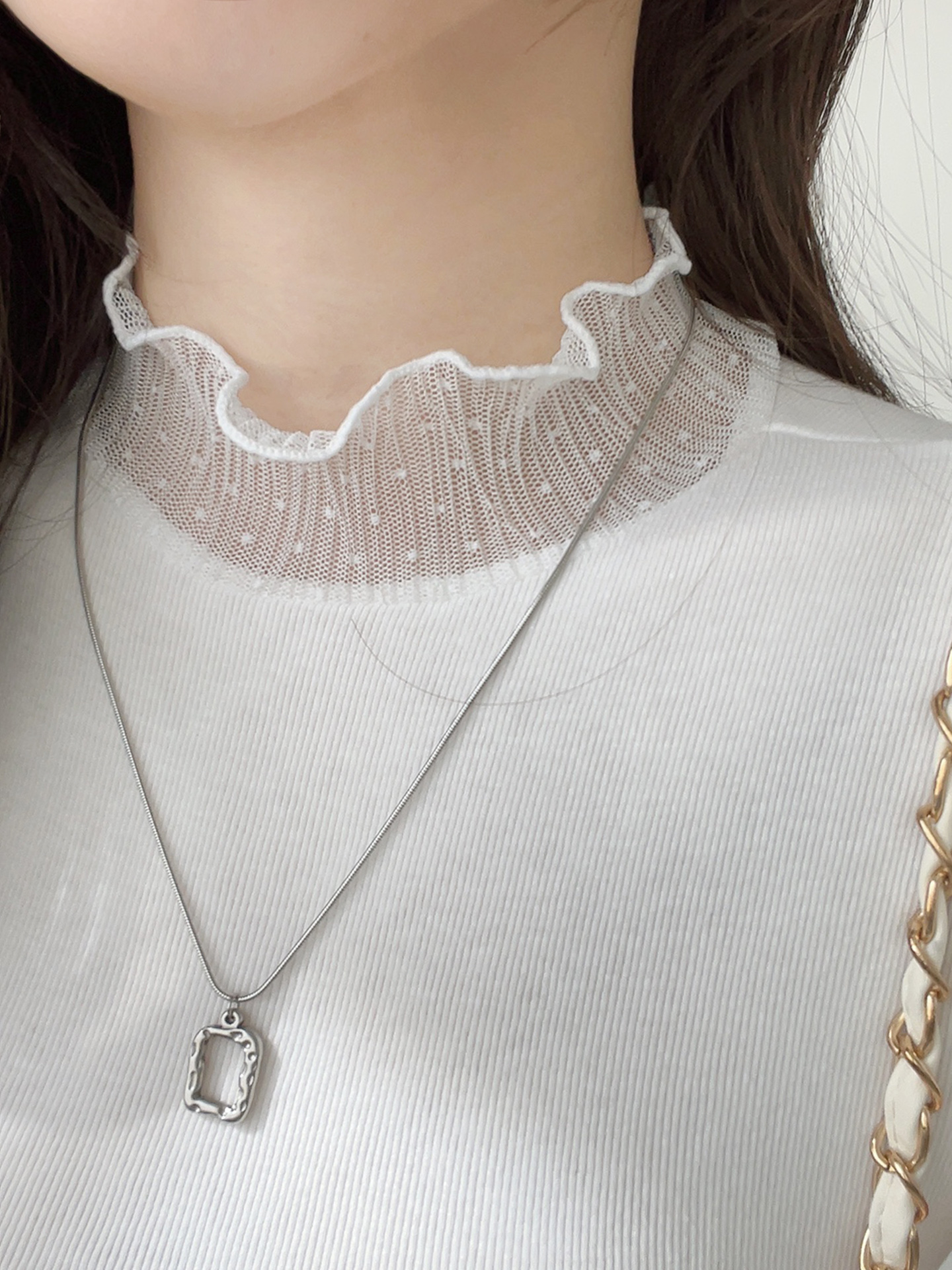 リブレースコンビキャップスリーブスリム半袖フリル ネック無地Tシャツ | 詳細画像12