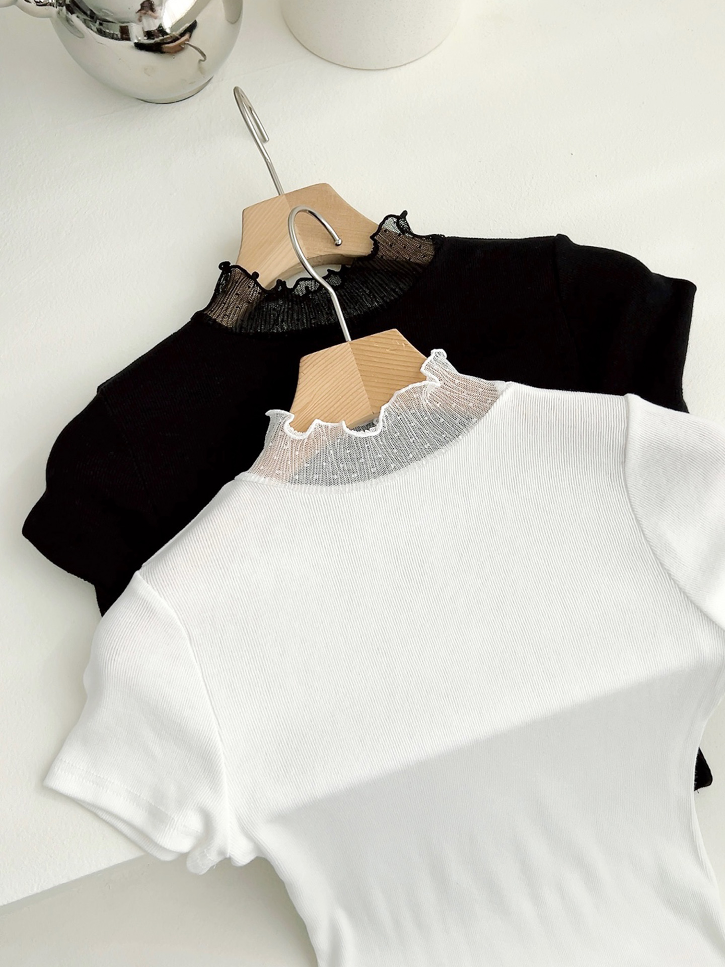 リブレースコンビキャップスリーブスリム半袖フリル ネック無地Tシャツ | 詳細画像15