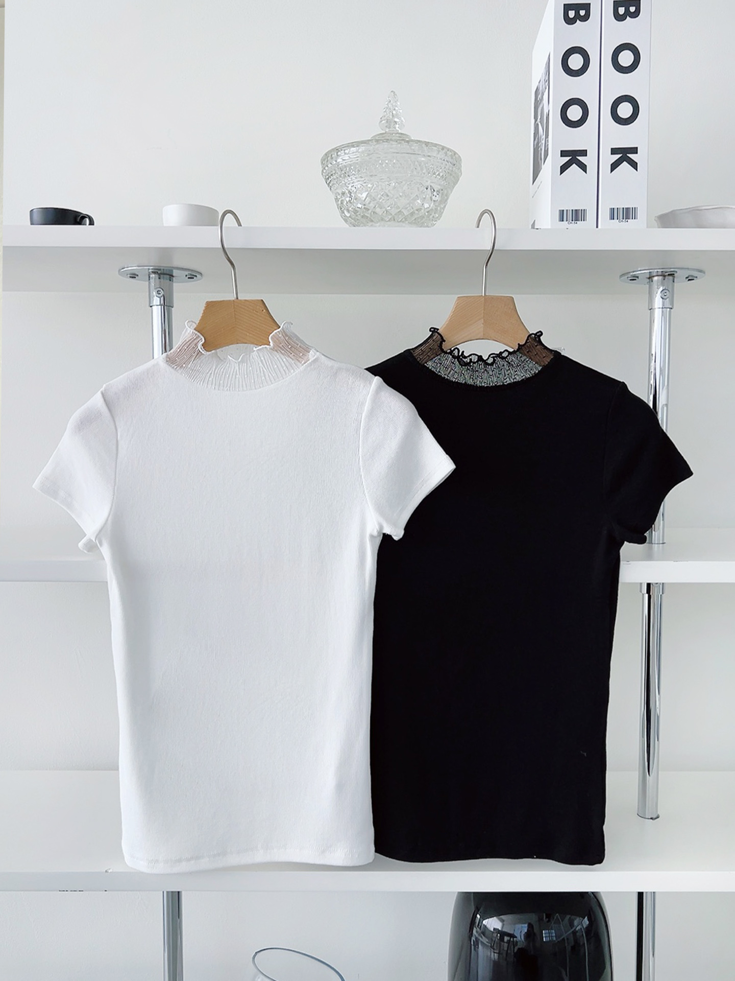 リブレースコンビキャップスリーブスリム半袖フリル ネック無地Tシャツ | 詳細画像16