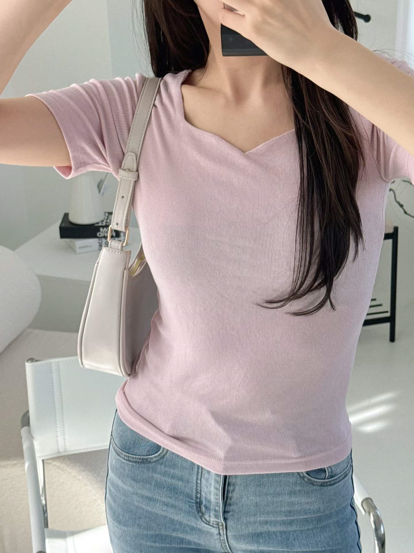 リブハートネックスリム半袖無地Tシャツ | 詳細画像3