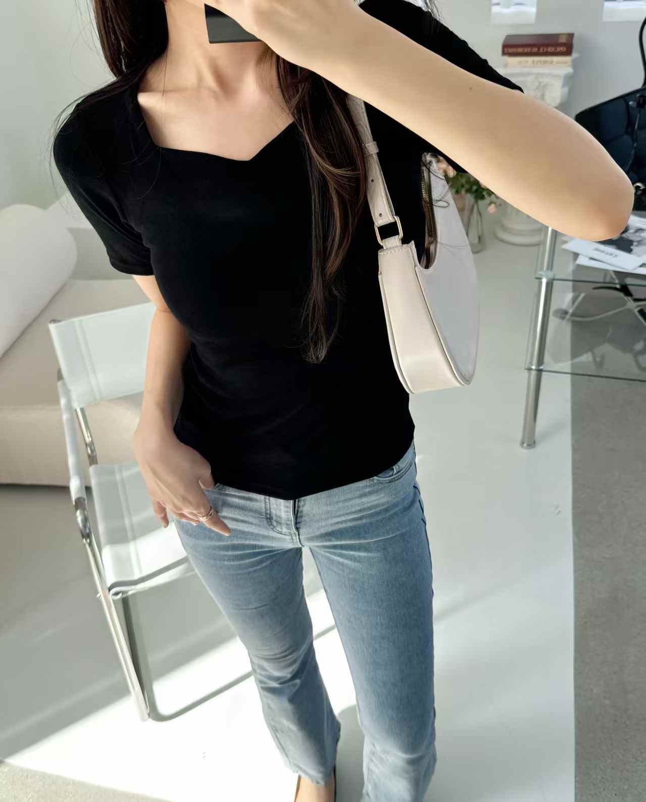 リブハートネックスリム半袖無地Tシャツ | 詳細画像6