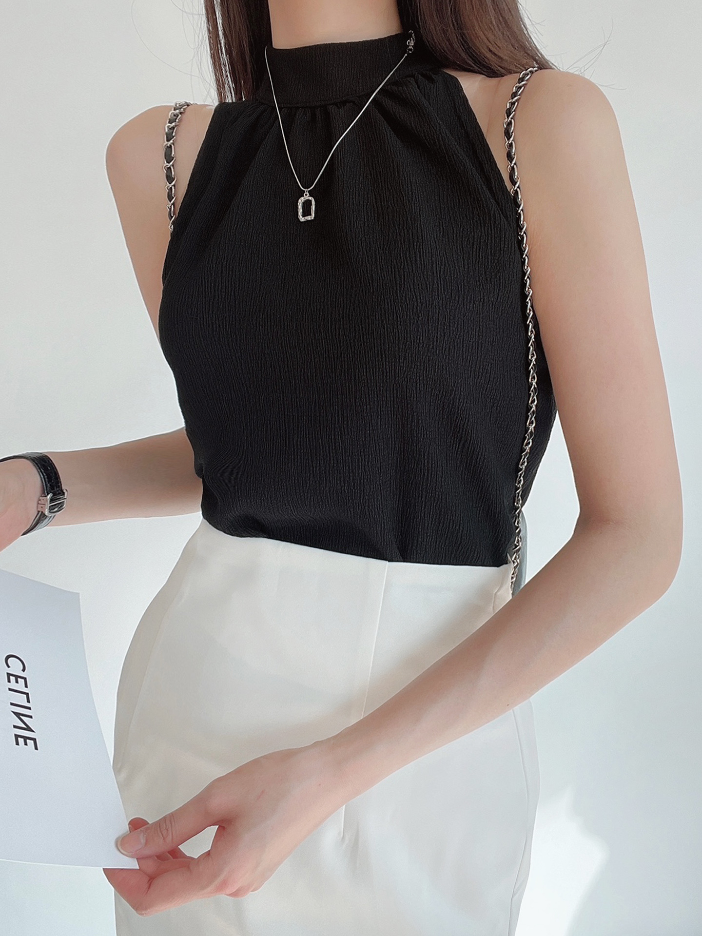 ホルターネックリンクル後ボタン無地ノースリブラウス | 詳細画像8