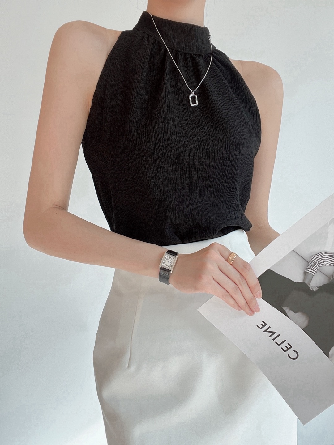 ホルターネックリンクル後ボタン無地ノースリブラウス | 詳細画像9