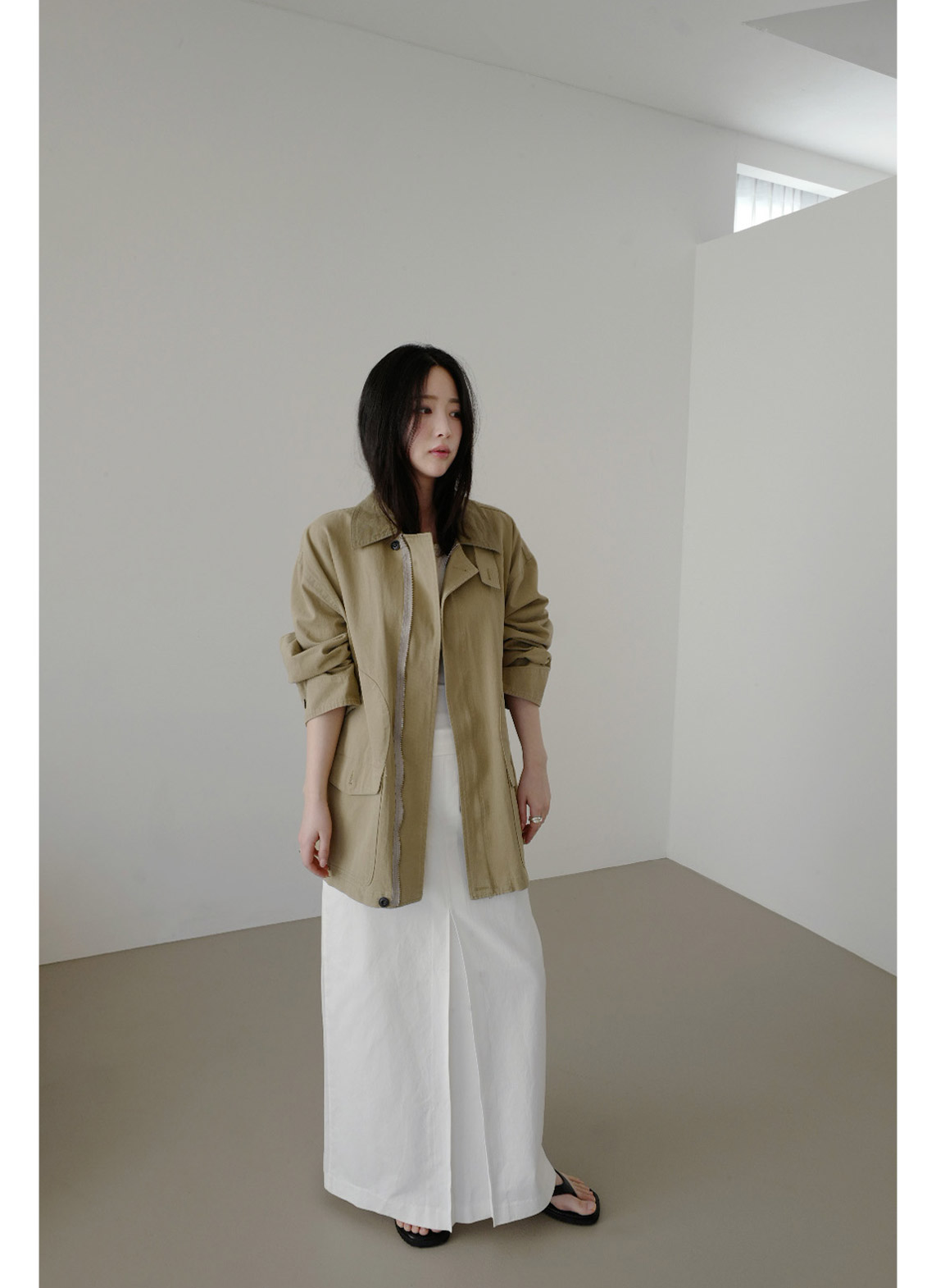 コットンボタンハイネックハーフ無地ジャケット春秋 | 詳細画像3