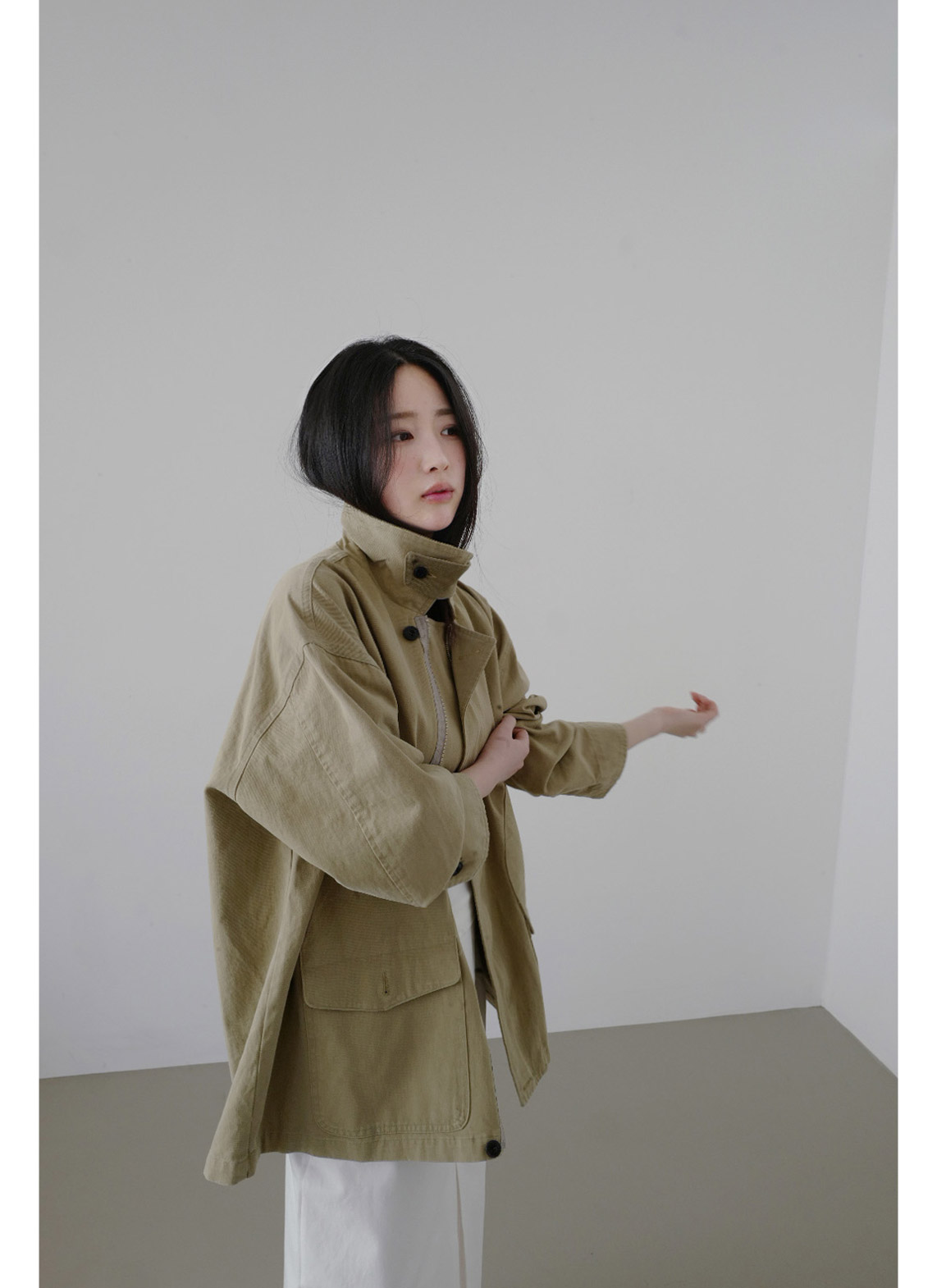 コットンボタンハイネックハーフ無地ジャケット春秋 | 詳細画像4