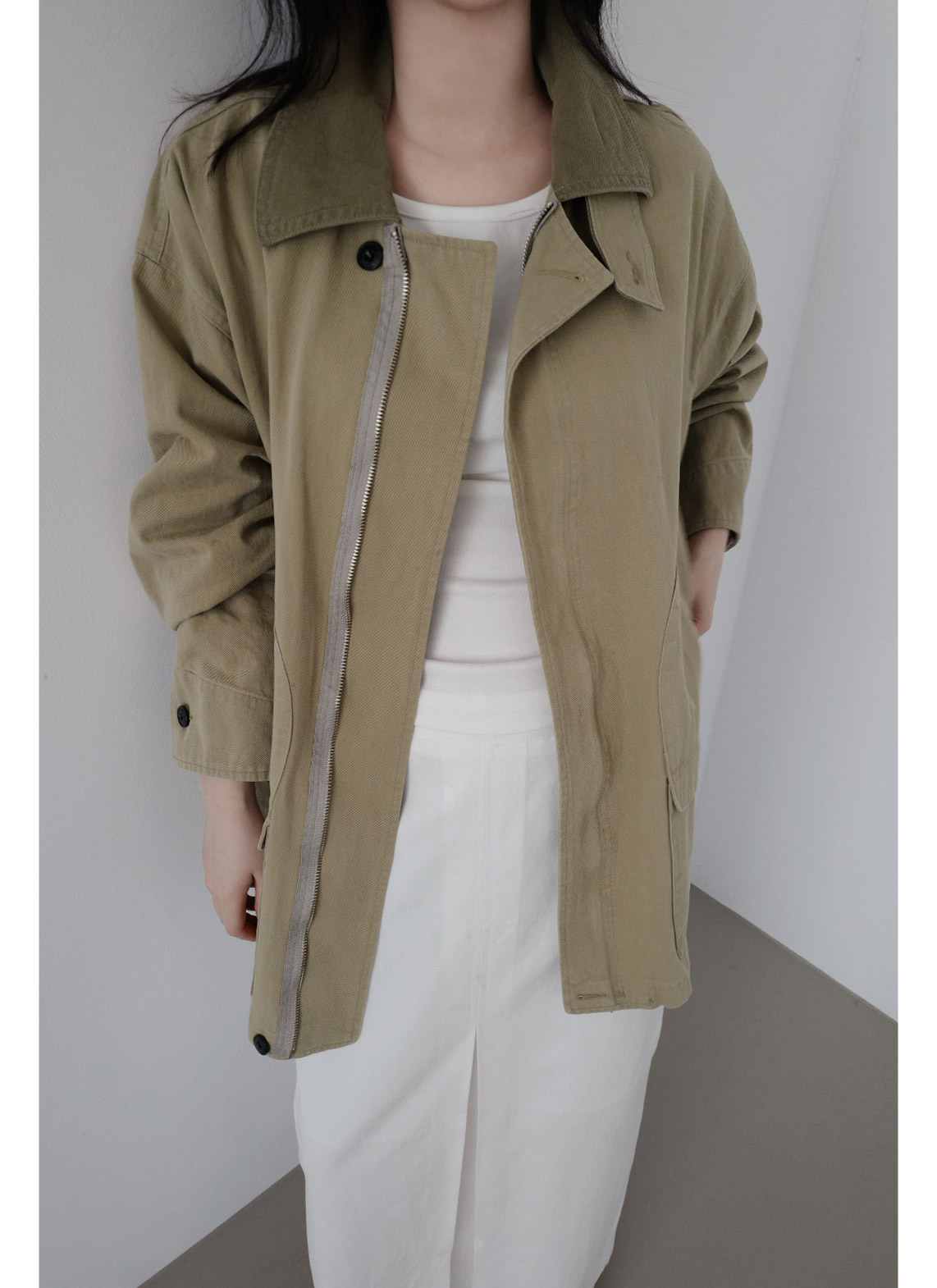 コットンボタンハイネックハーフ無地ジャケット春秋 | 詳細画像6