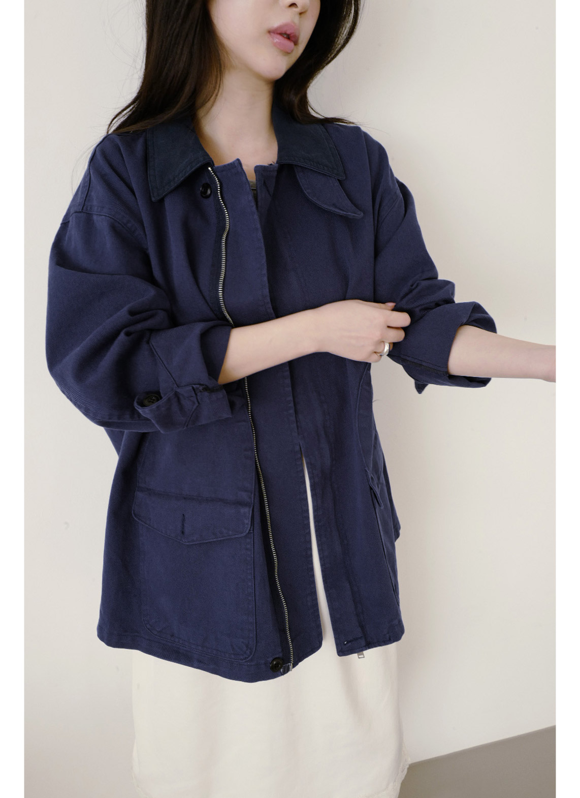 コットンボタンハイネックハーフ無地ジャケット春秋 | 詳細画像15