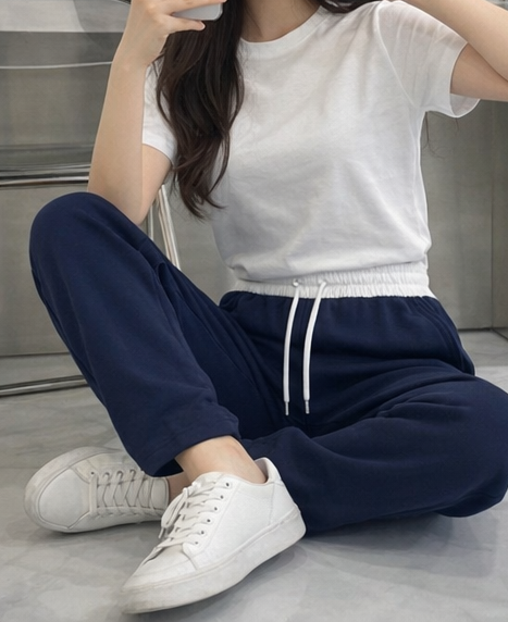 コットンドローストリングポケットウエストゴムドローコードロングストレートワイド配色パンツ | 詳細画像2