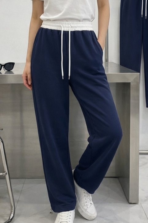 コットンドローストリングポケットウエストゴムドローコードロングストレートワイド配色パンツ | 詳細画像3