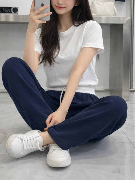 コットンドローストリングポケットウエストゴムドローコードロングストレートワイド配色パンツ | 詳細画像4