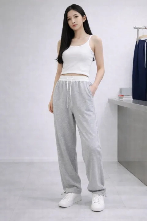 コットンドローストリングポケットウエストゴムドローコードロングストレートワイド配色パンツ | 詳細画像7