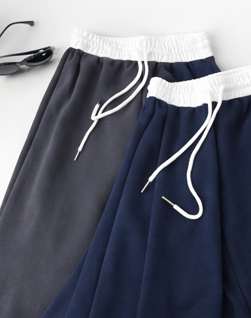 コットンドローストリングポケットウエストゴムドローコードロングストレートワイド配色パンツ | 詳細画像12