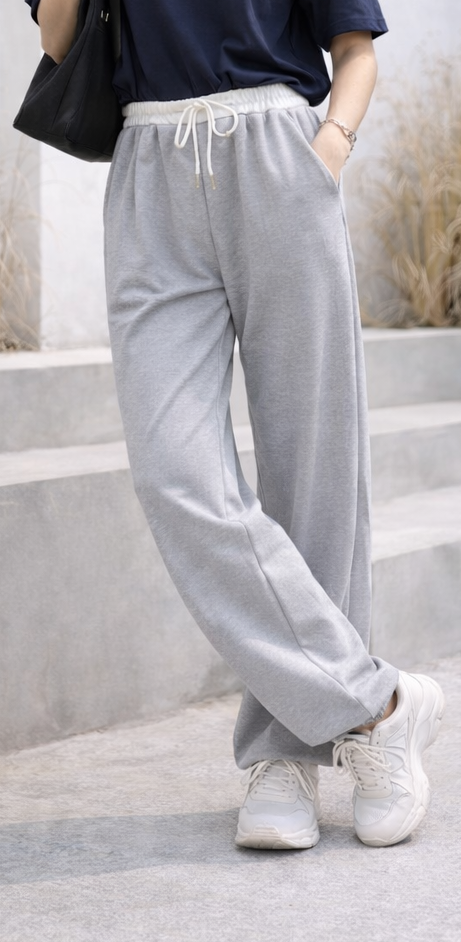 コットンドローストリングポケットウエストゴムドローコードロングストレートワイド配色パンツ | 詳細画像8