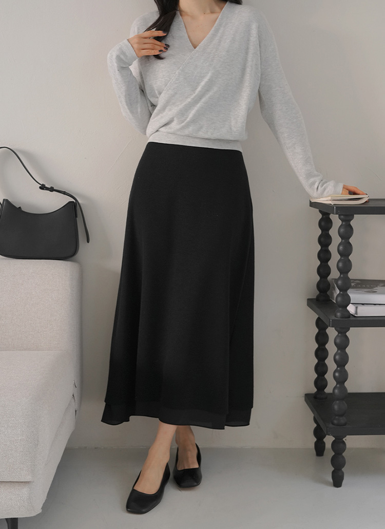 シフォンニットコンビジップアップバックゴムレイヤード風ロングフレア
