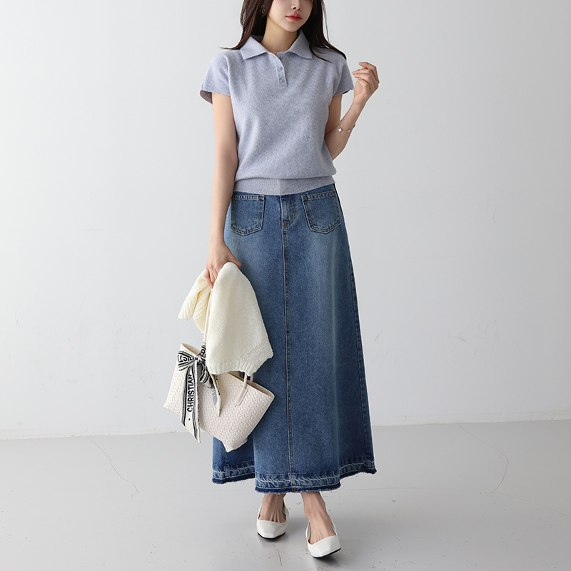 ■ a727 CELINE デニムスカート ライトウォッシュ バッグスリット* コットンロングスリットウォッシングカットAラインポケットデニム